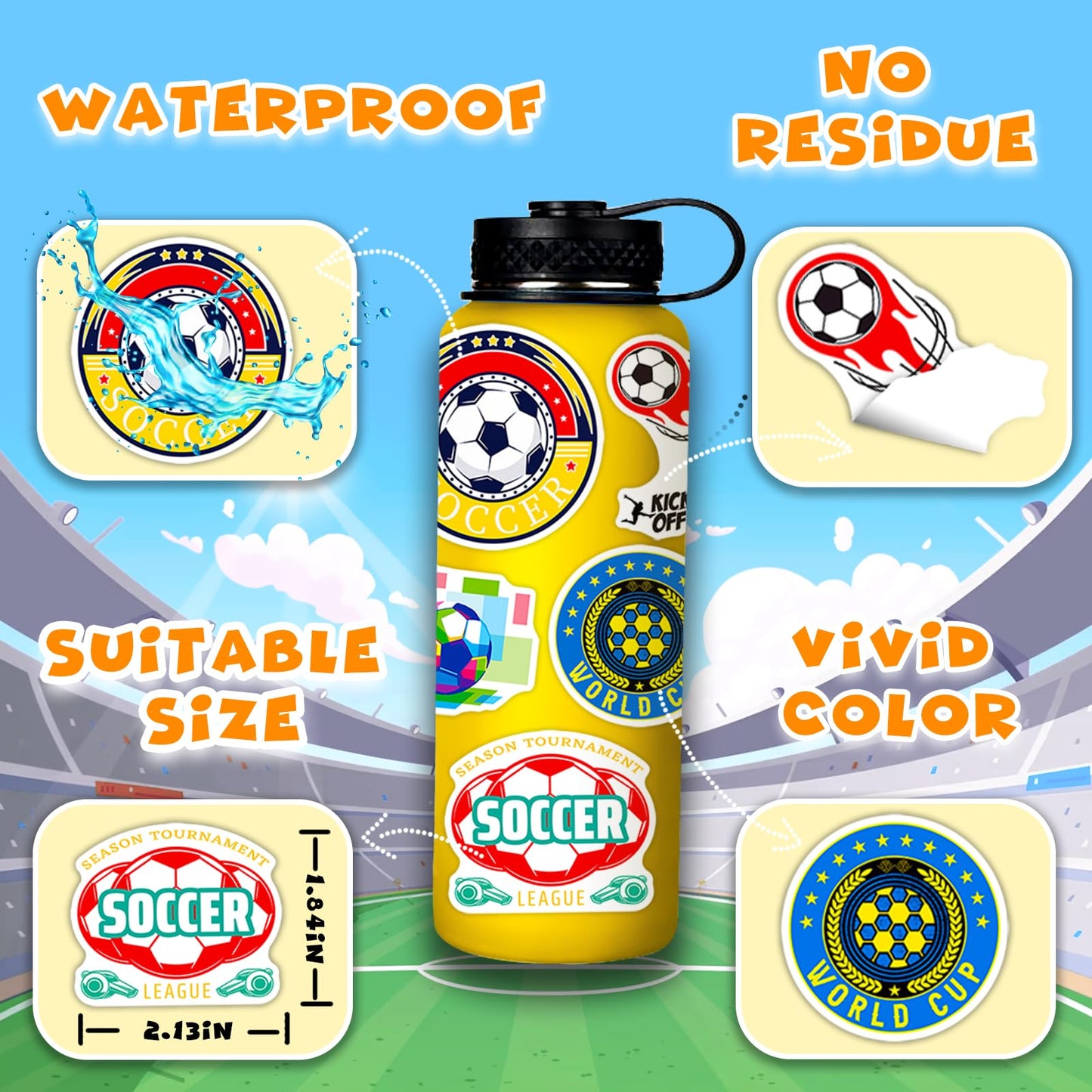 Wakemoodei Soccer Stickers 200Pcs Soccer Sports Stickers For Boys, Waterproof Vinyl Stickers For Water Bottles, Kids Stickers So