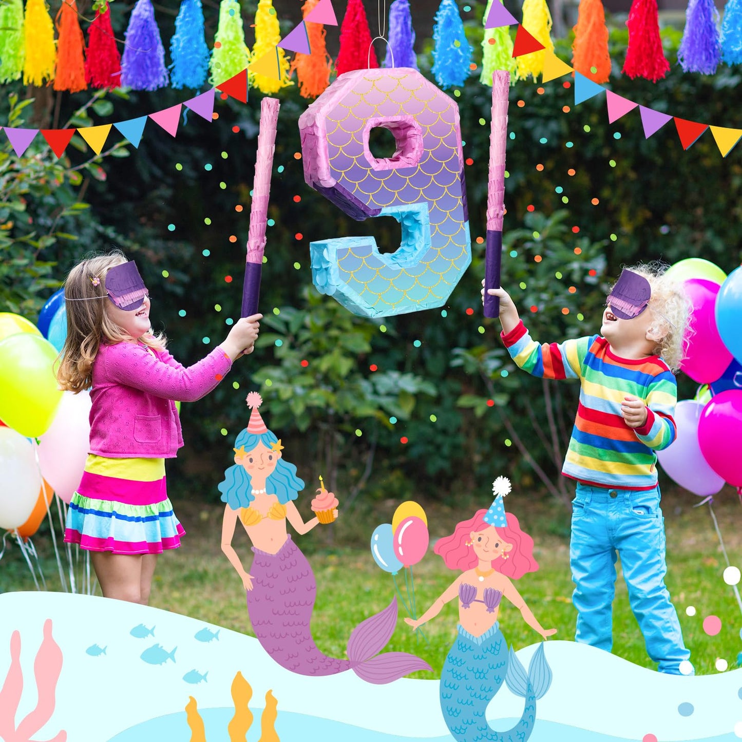 Shappy 16 Inch Purple Mermaid Piñata - Paper Birthday Party Decoration with Stick & Blindfold for Anniversary Celebration