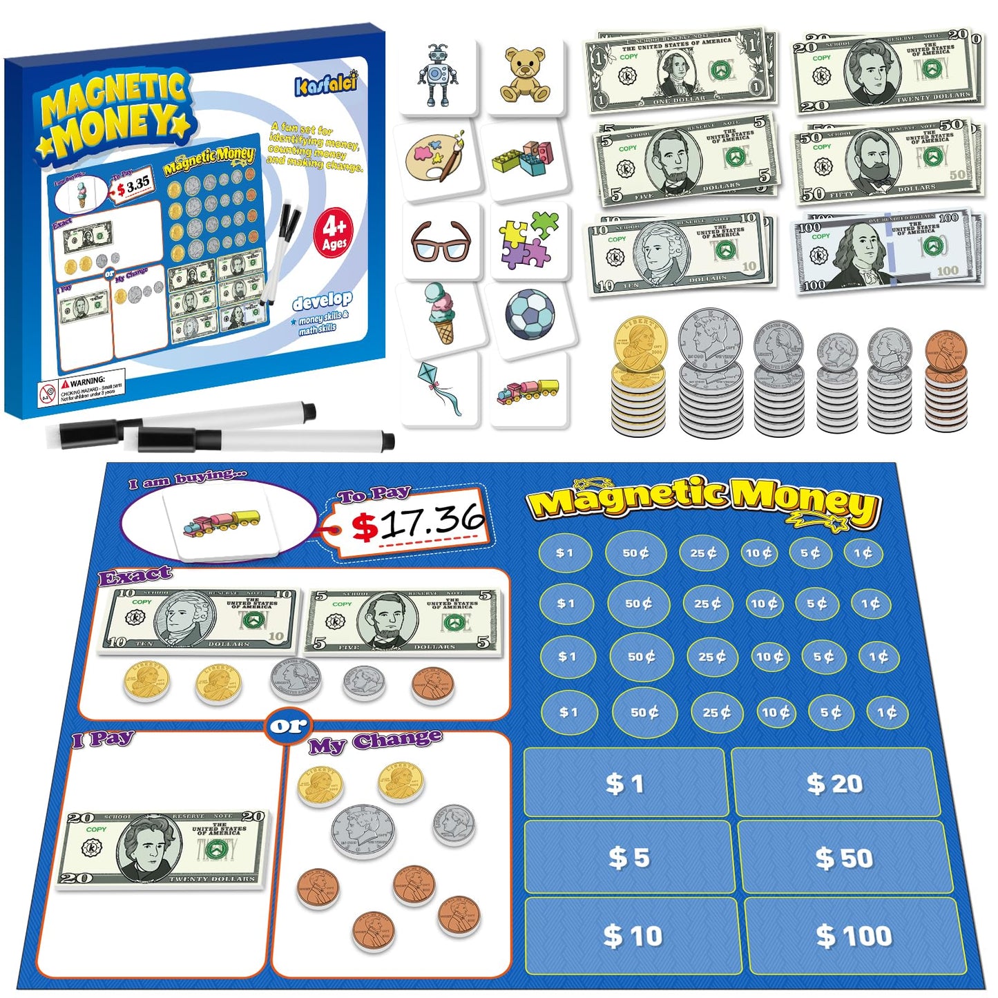 Kasfalci 60 PCS Magnetic Money for Kids for Learning, Math Manipulatives, Learning & Education Toys for Classroom, Pretend Play,