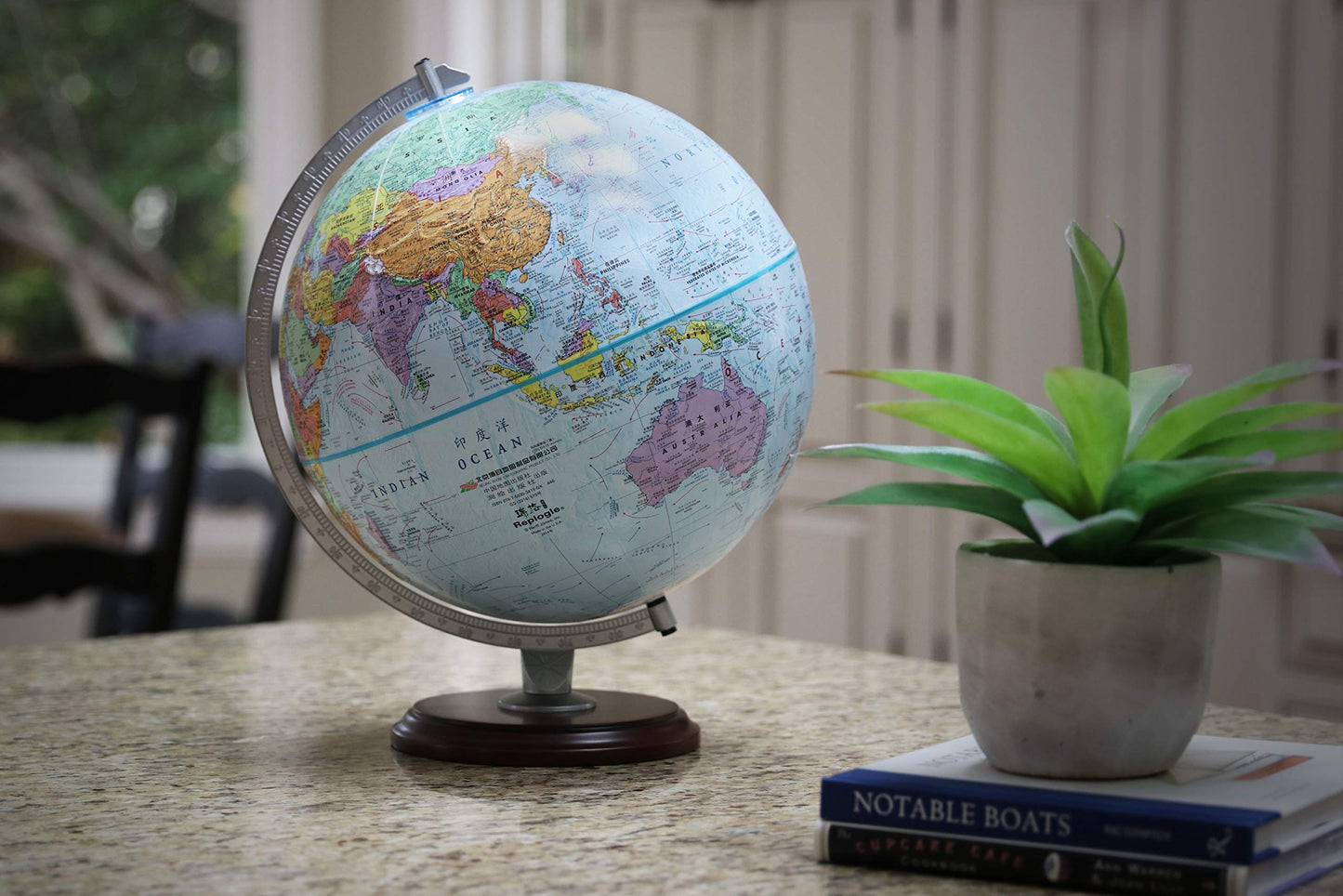 Concord Bilingual (Chinese And English), 12' Diameter Globe, Usa Cartography With Raised Mountain Relief And Hard Wood Base.. The Globe Is Fully Up To Date With Metal Semi-Meridian.