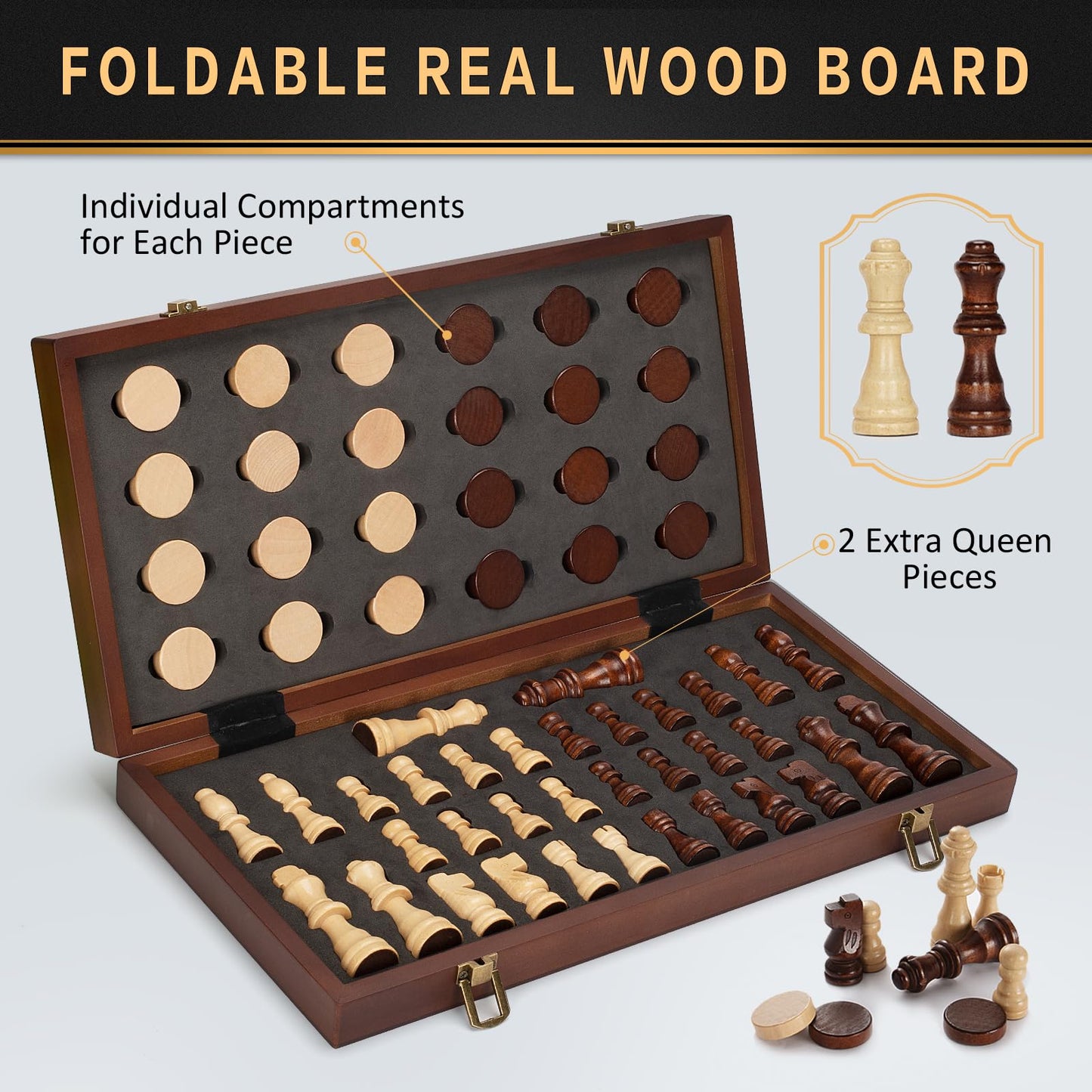 2 In 1 Magnetic Chess Set & Checkers Board Game, 15'' Wooden Folding Chess Board With 2 Extra Queens, Portable Travel Chess Set