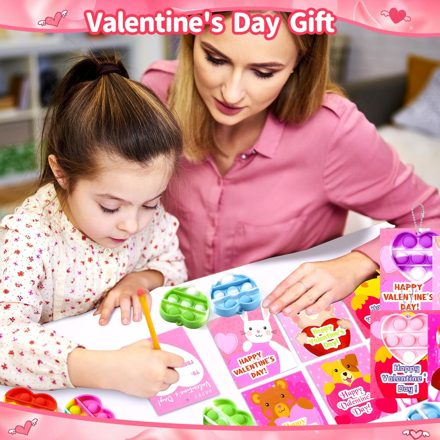 Weceit 30Pack Valentines Cards For Kids Classroom With Heart Pop Bubble Fidget Keychain Toys, Bulk Prizes Toys For Valentines Day Party Favors School Classroom Exchange Gifts Pack For Kids