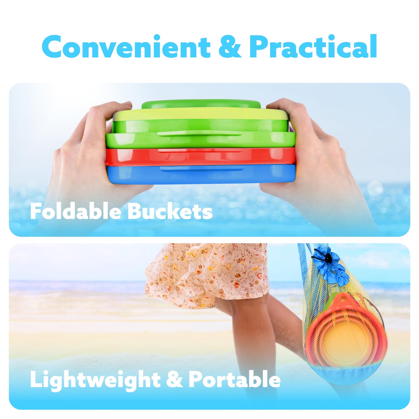 JOYIN 3 Packs Foldable Pail Bucket with Shovels & Mesh Bag, Collapsible Buckets Multi Purpose for Beach, Camping Gear, Beach Par