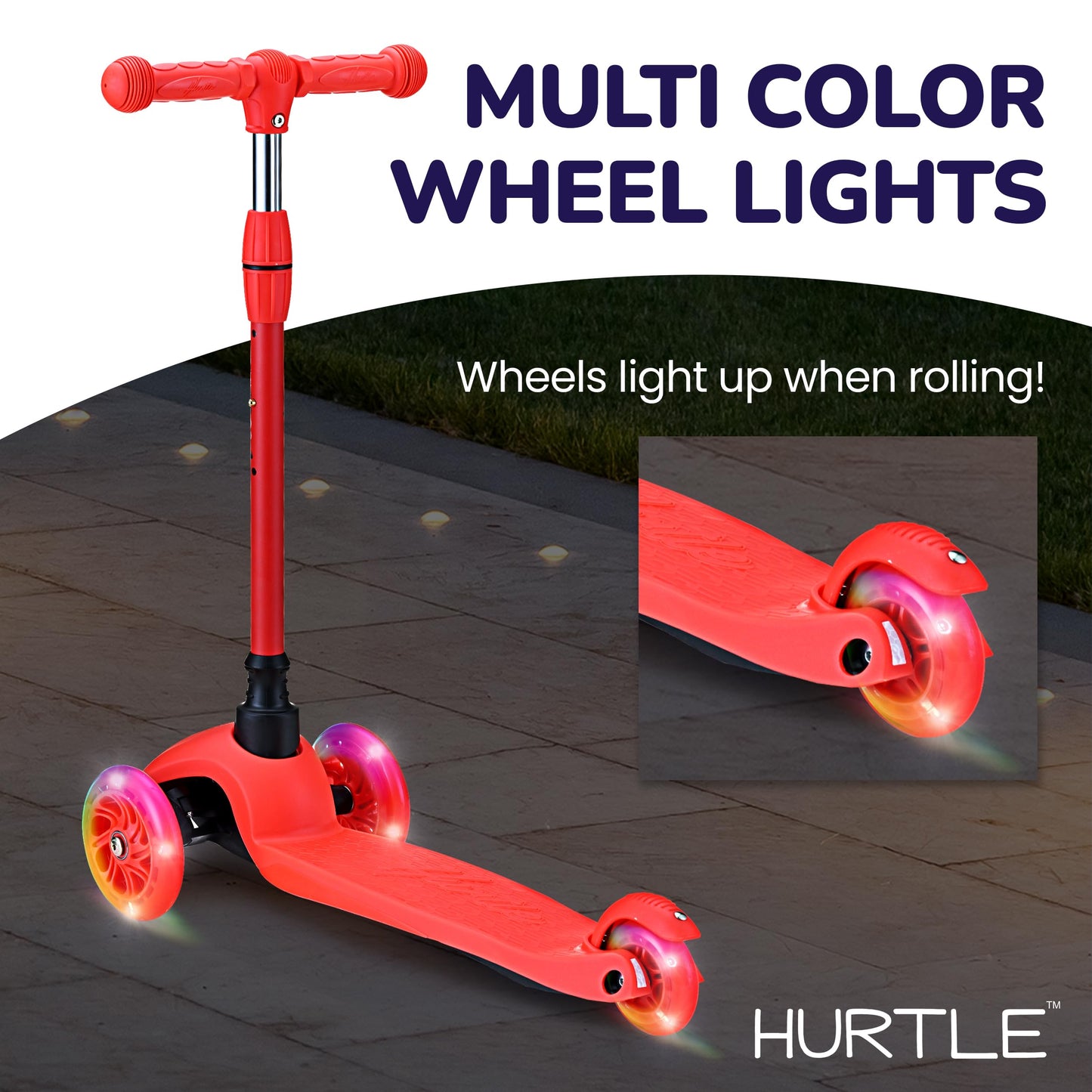 Hurtle Mini Kickboard Scooter for Kids - Height Adjustable 25-28, Lightweight 3-Wheel with LED Light-up Wheels, Anti-Slip,In