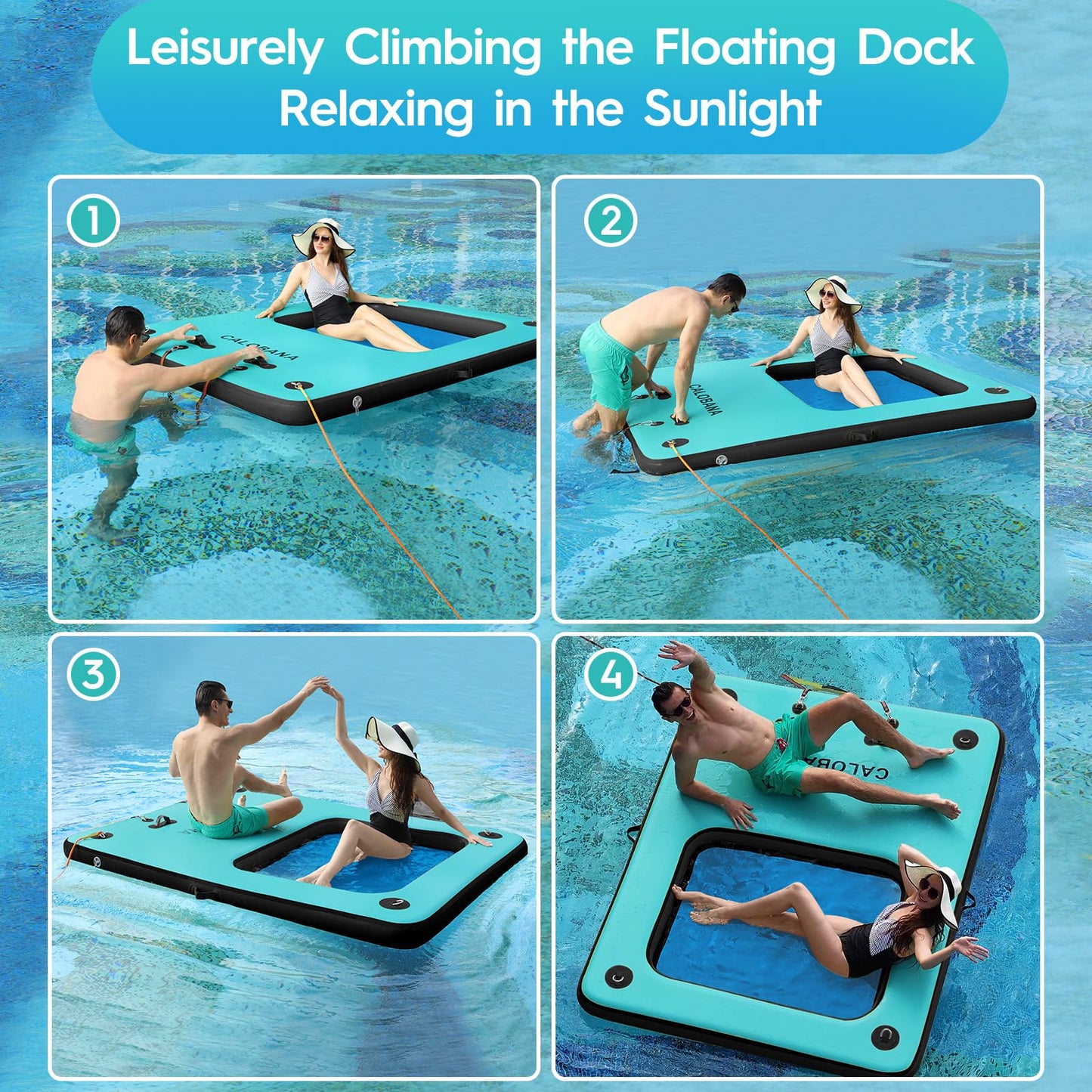 CALOBANA Inflatable 8ft x 6ft Floating Dock, Mint Green & Black Water Platform with Rope Ladder for Boats, Pool, and Relaxation