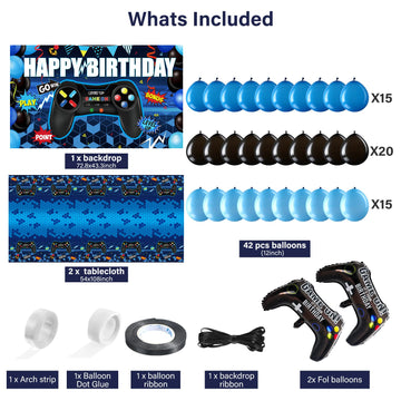 Video Game Birthday Party Decorations Set Gaming Happy Birthday Supplies Includes Video Game Backdrop, Table Covers, Balloons And Foil Gamer Balloons For Party(Blue And Black)