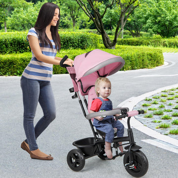 HONEY JOY Tricycle for Toddlers, Adjustable Push Handle, Reversible Seat, Canopy, Pink, 45" Height, Safety Belt, Storage, Cup Holder