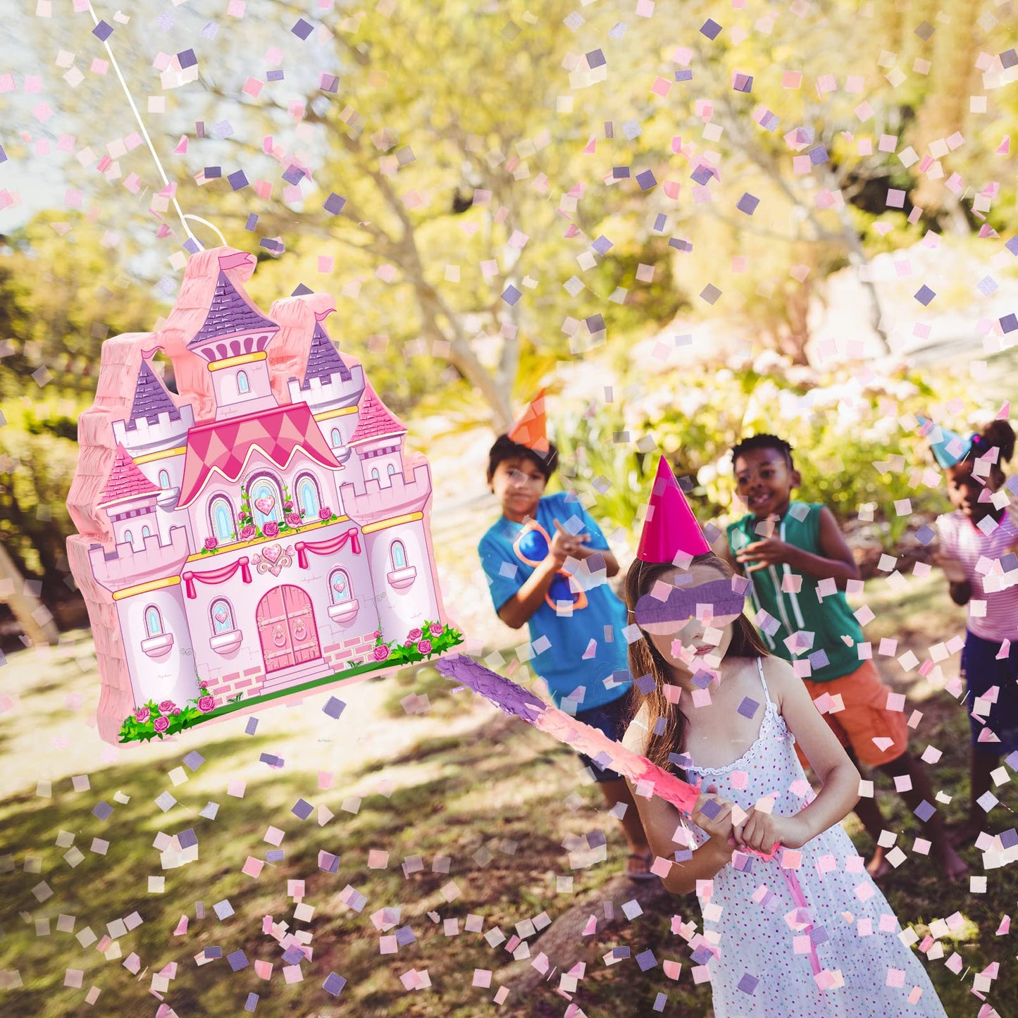 Threan Princess Castle Piñata Bundle - Pink Cardboard Piñata Set with Stick & Blindfold, 16.1x13.4x3.2 Inch for Birthday Party