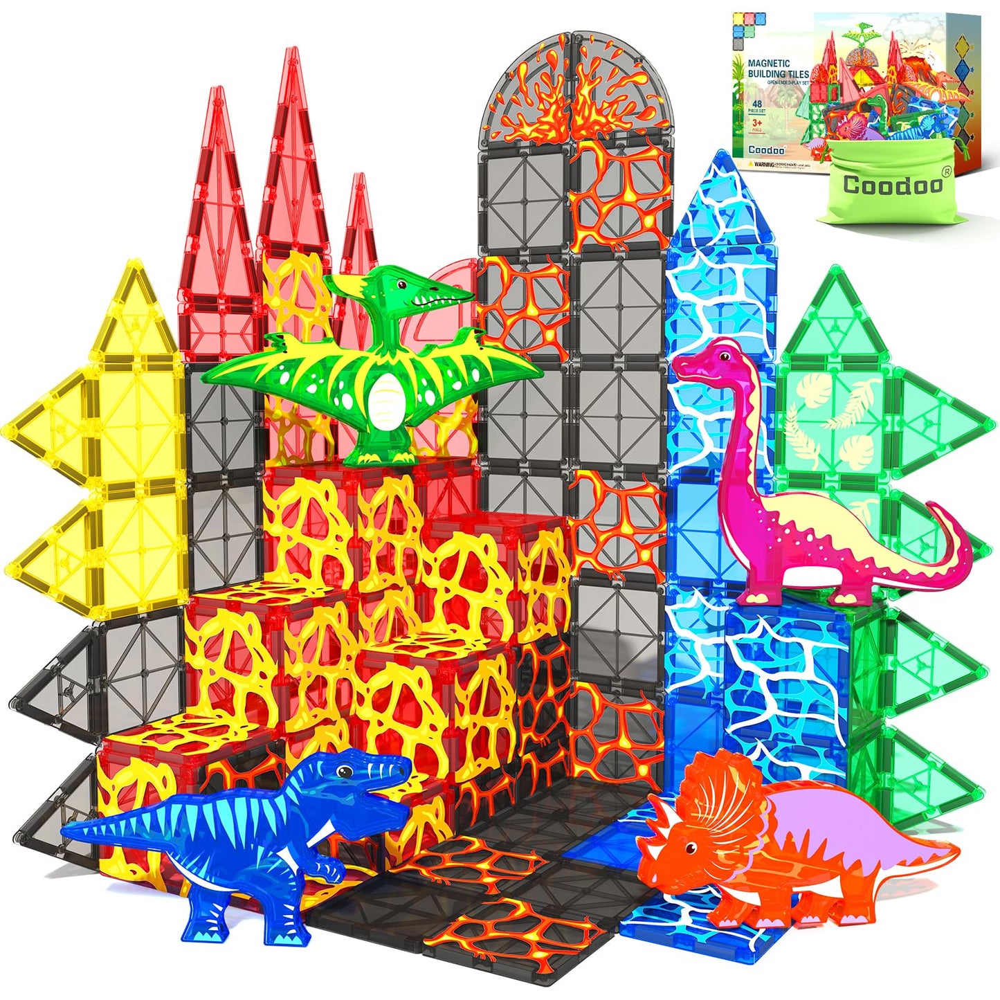 Coodoo Dinosaur Toys Magnetic Tiles Set - STEM Learning Blocks for Kids 3-13 Years - Montessori Lava Dinosaur World Games