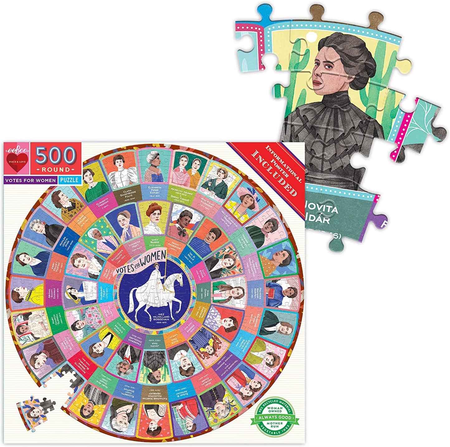 Eeboo: Piece And Love Votes For Women 500 Piece Round Circle Jigsaw Puzzle, Puzzle For Adults And Families, Glossy, Sturdy Pieces And Minimal Puzzle Dust