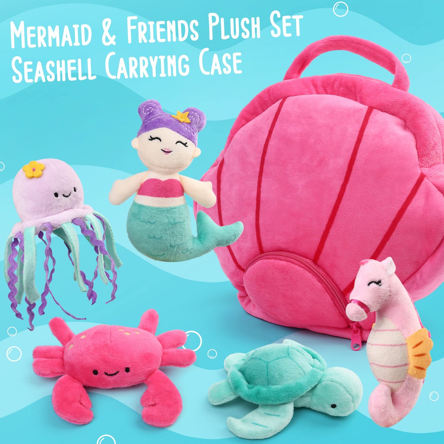 Benben Ocean Stuffed Animal, 5 Pack Small Sea Creature Plush Toys And Shell Carrying Bag Set, Cute Plushies For Baby Kids, Sea Turtle, Octopus, Mermaid, Seahorse, Crab, Baby Shower, Stocking Stuffers