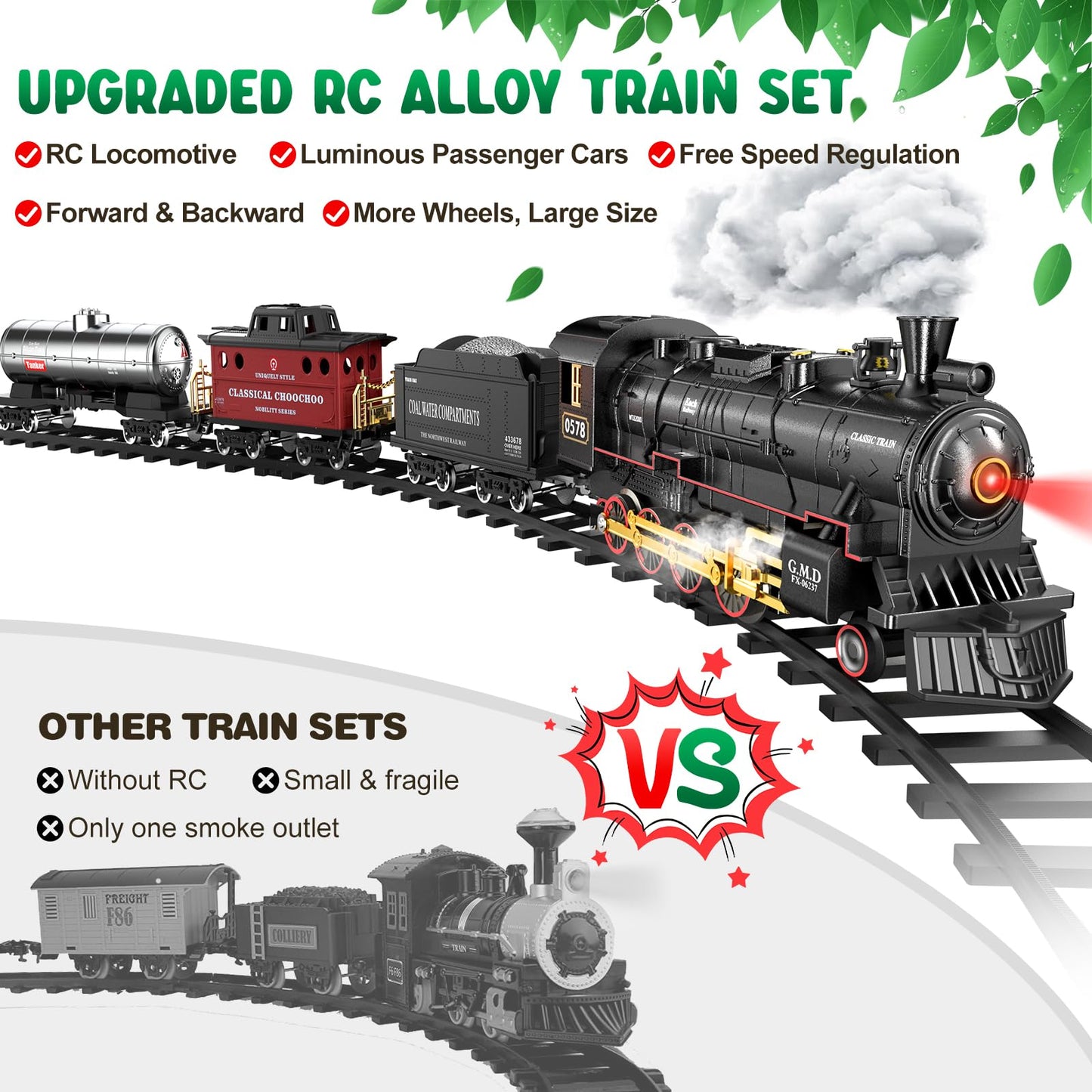 Hot Bee Train Set For Boys, Alloy Remote Control Train Toys With Steam Locomotive Cargo Cars Tracks, Trains With Realistic Smoke Sound Lights,Christmas Train Toys Gifts For 3 4 5 6 7 8+ Years Old Kids