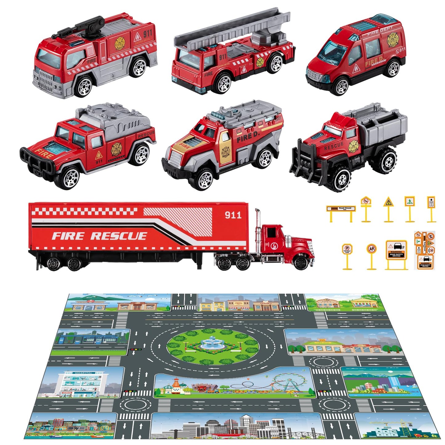 Temi Diecast Emergency Fire Rescue Vehicle Toy Set W/Play Mat, Truck Carrier,Ambulance, Alloy Metal Fighting Car For 3 4 5 6 Yea