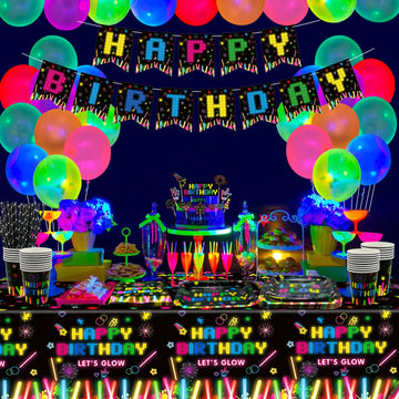 233 Pcs Glow Neon Party Supplies Neon Glow Tableware Set Neon Balloons Glow In The Dark Birthday Banner Cake Toppers For Blackli