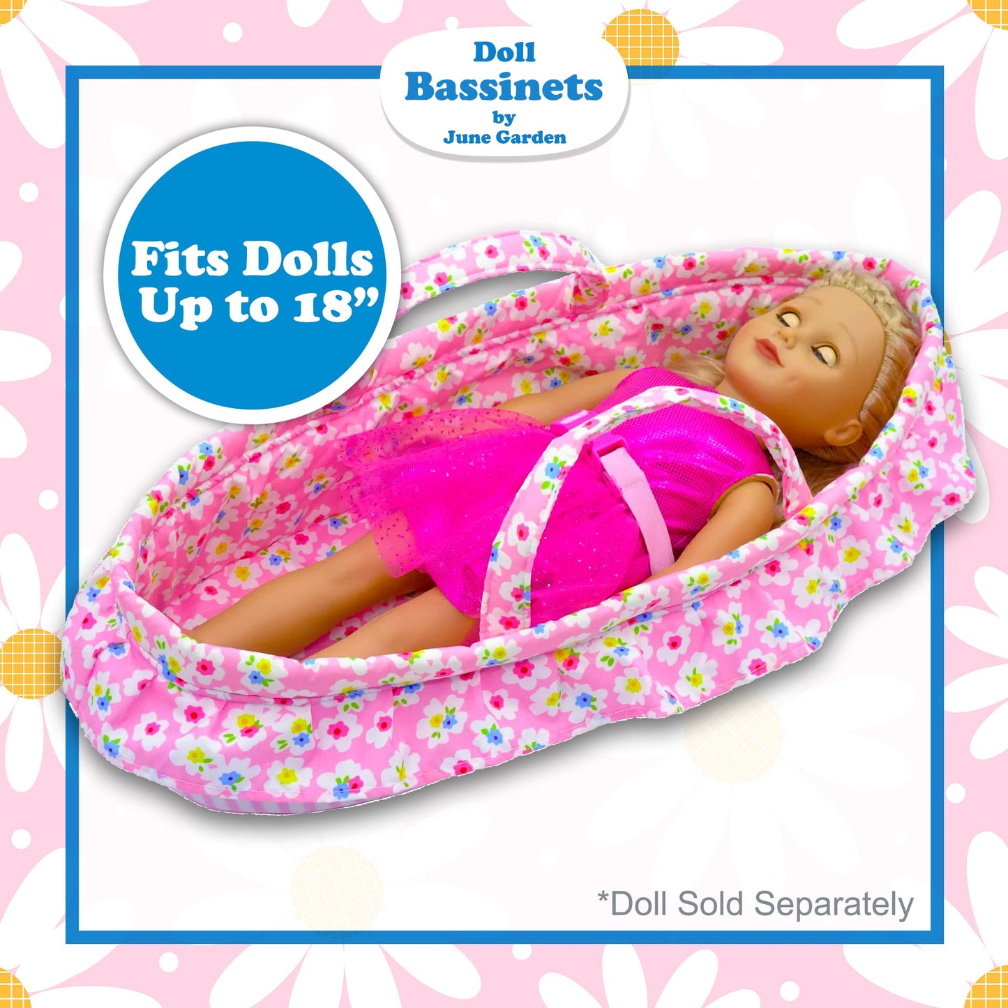 June Garden Cozy Dream Doll Bassinet - Baby Doll Portable Carrier - Fits For American Girl Dolls Up To 18'' - Soft Pillow & Safe