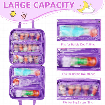 Jaffzora Dolls Carrying Case for LOL Surprise Dolls, Large Purple Leather Tote with 6 Clear Pockets, Model J-Doll Case-B-PUR-US