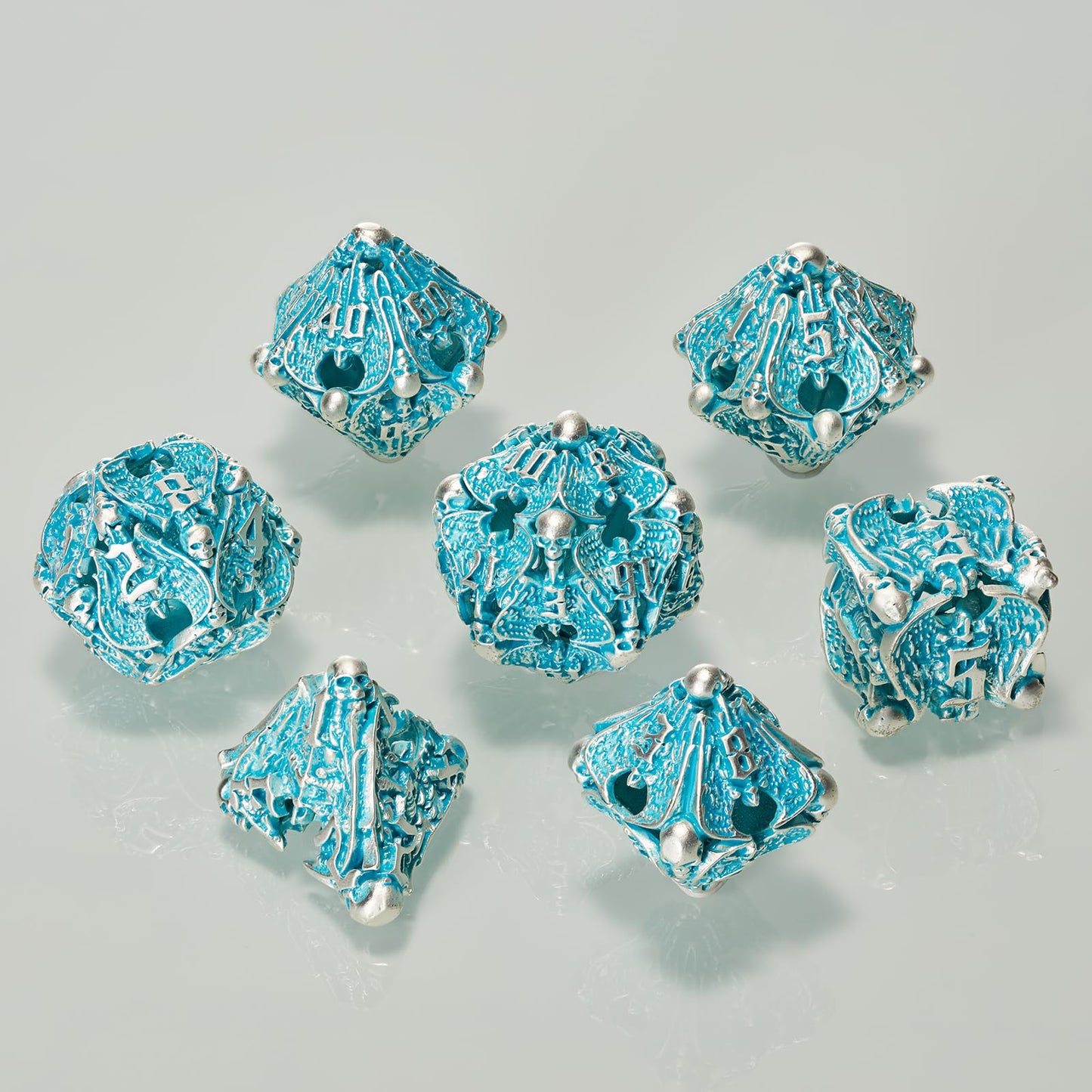 Hnccesg Dnd Metal Dice Set - Matte Blue White 7 Pcs Skull Hollow For Dungeons And Dragons, Mtg Rpg Role Playing (D&D)