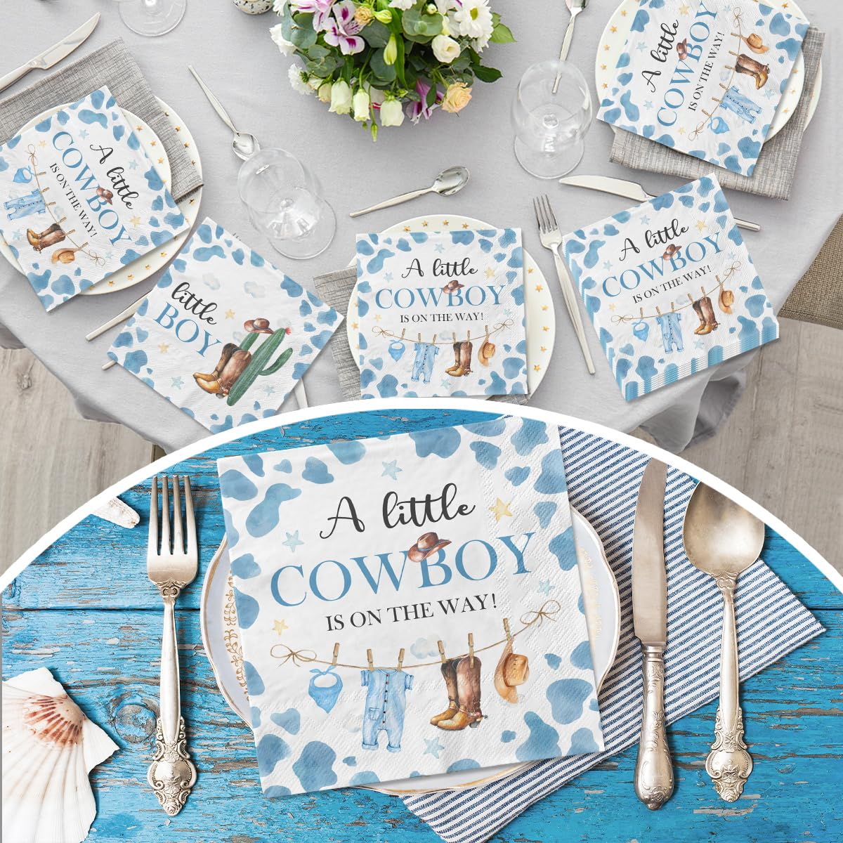 Cowboy Baby Shower Decorations-40Pcs Little Cowboy Baby Shower Napkins, Blue Disposable Little Cowboy Is On The Way Paper Napkin