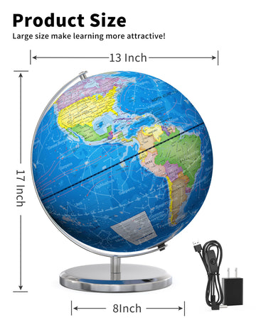 Soundance 13 Inch World Globe With Stable Heavy Metal Base, Educational Globe For Kids Learning, Large Globe Lamp With Colorful