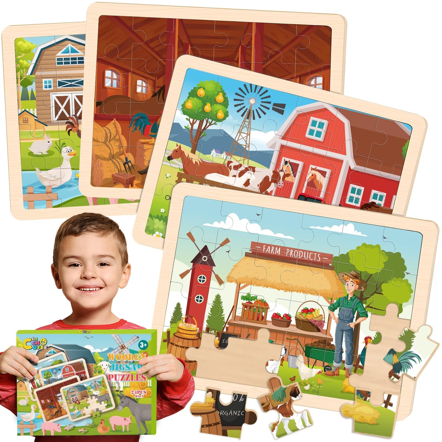 Wooden Farm Puzzles For Kids Age 3 4 5 Year Old, 4 Pack 24 Pcs Montessori Toddler Jigsaw Puzzles For Girl Boy Activities Prescho