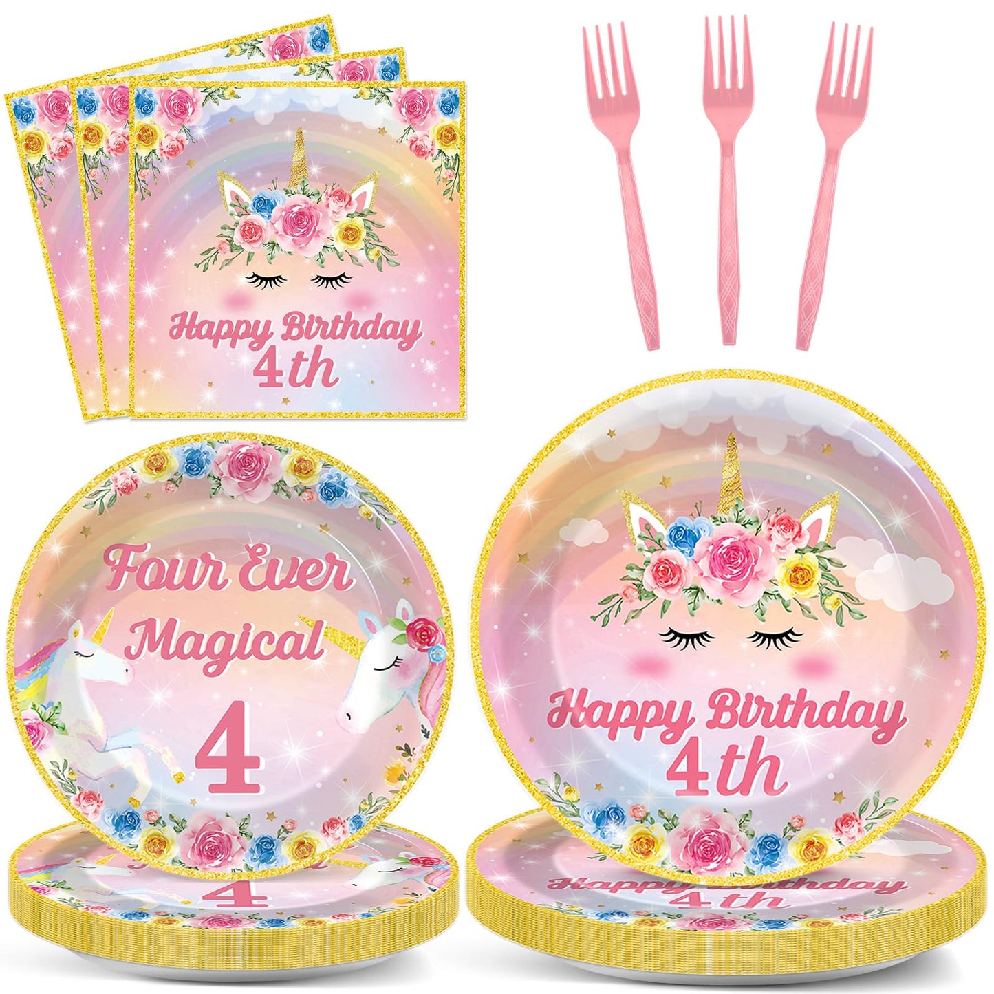 96PCS Four Ever Magical Party Paper Plates and Napkins Unicorn 4th Birthday Party Decor Rainbow Unicorn Plates 4 Year Old Tablew