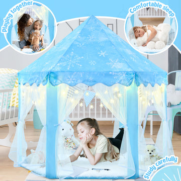 Evoionos Frozen Princess Tent For Girls, Kids Play Tent With Snowflake Lights, Castle Playhouse For Children Indoor Outdoor Game