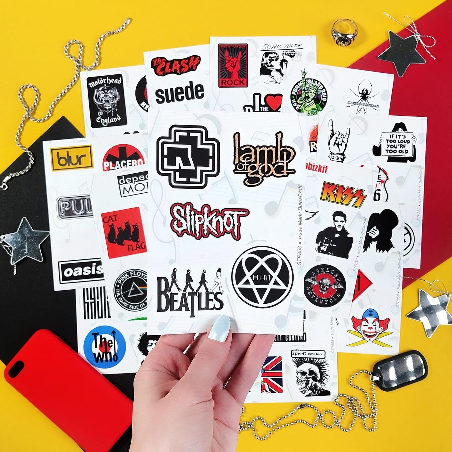 BulbaCraft Classic Rock Stickers - Vinyl Decals for Water Bottles & Laptops, 60s-90s Rock Bands, White, Model 12