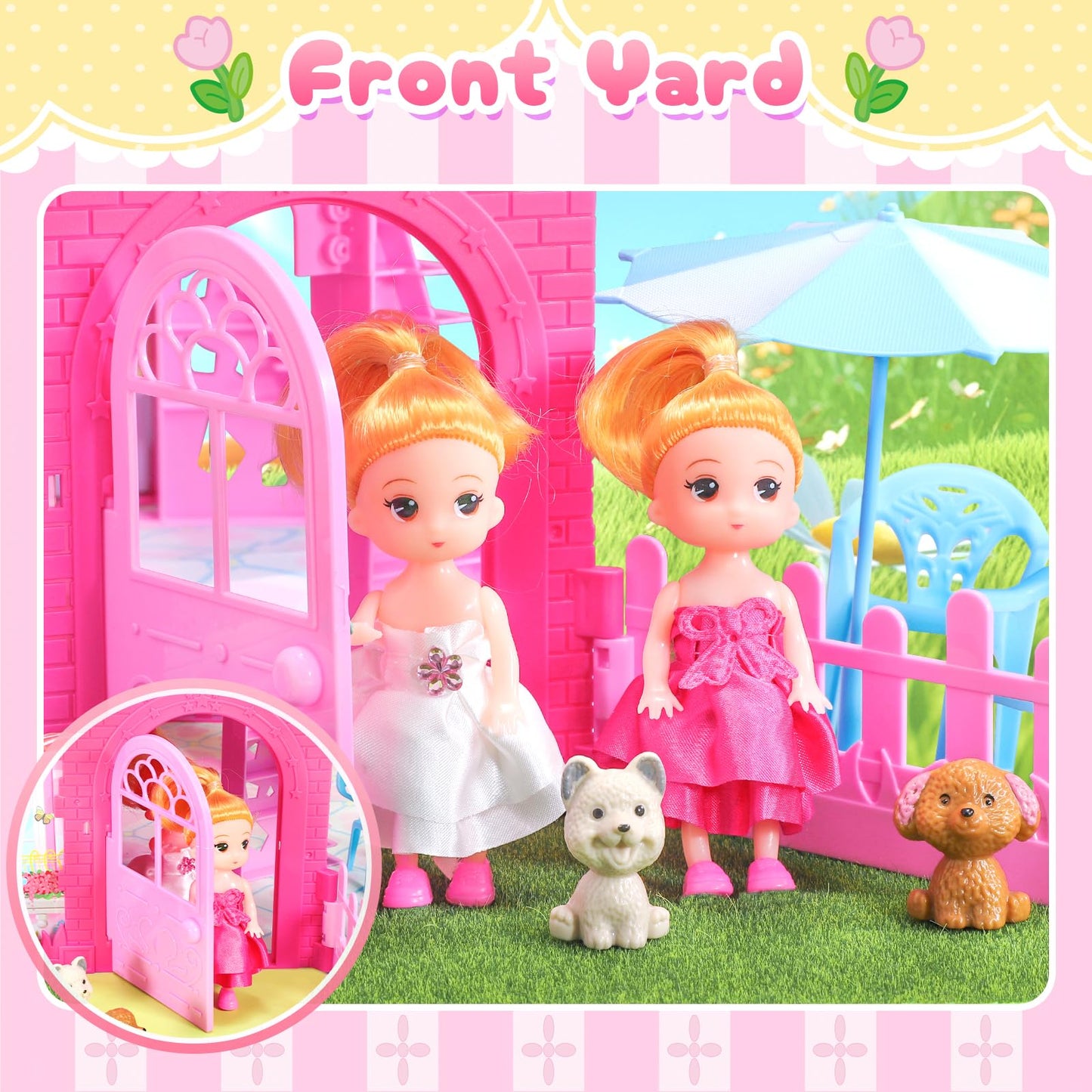 Amidear Foldable Dollhouse 2024, Dream 3-Story Princess Doll House Playset With Furniture Slide, Pink Toddler Toy House For 3 4