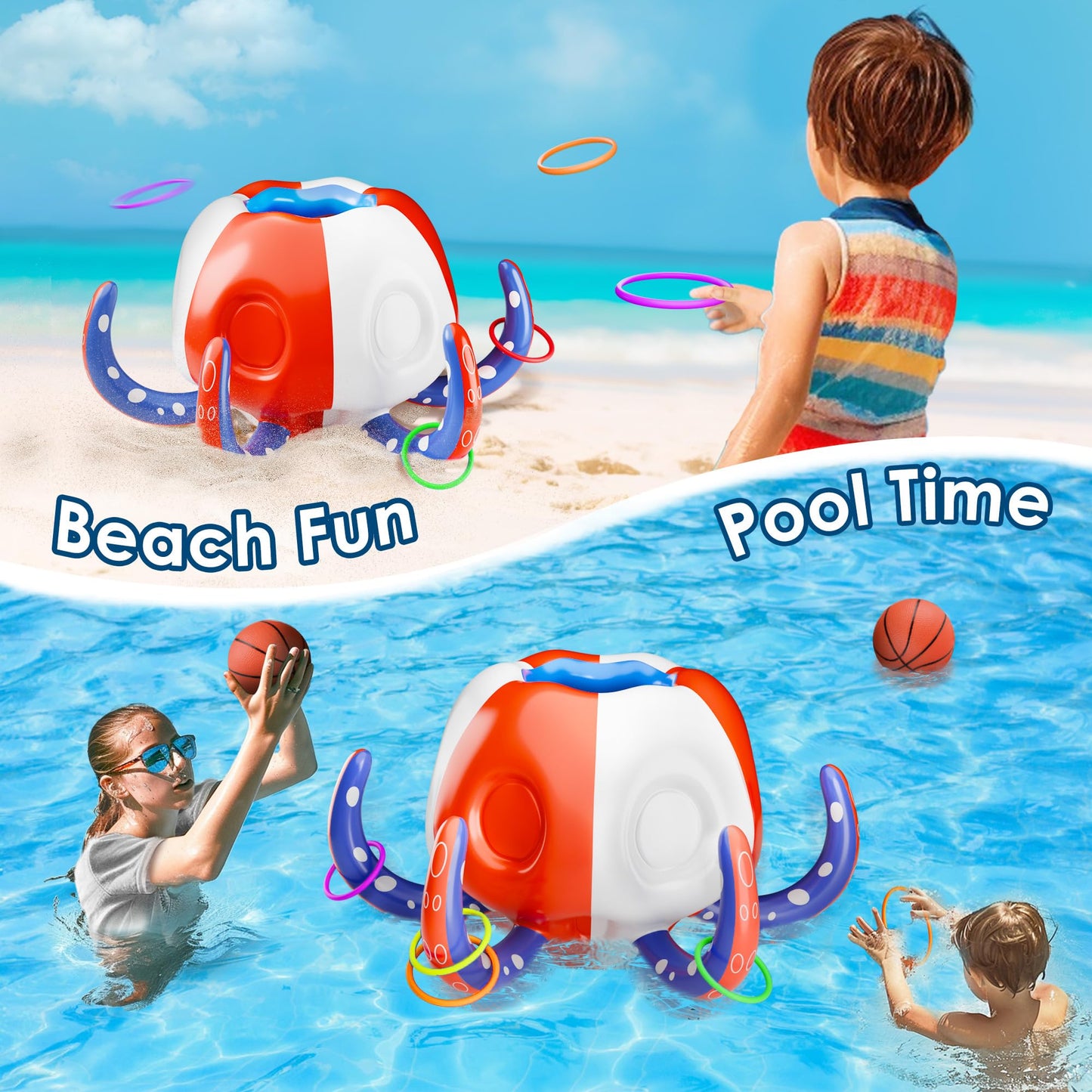 Iplay, Ilearn Pool Wave Kids Octopus Pool Toys, 2-In-1 Inflatable Float Water Game Basketball Hoop Ring Toss Outdoor Swim Cool Summer Family Party Gift 3 4 5 6 7 8 Yr Old Boy Girl Child-Blue Red White