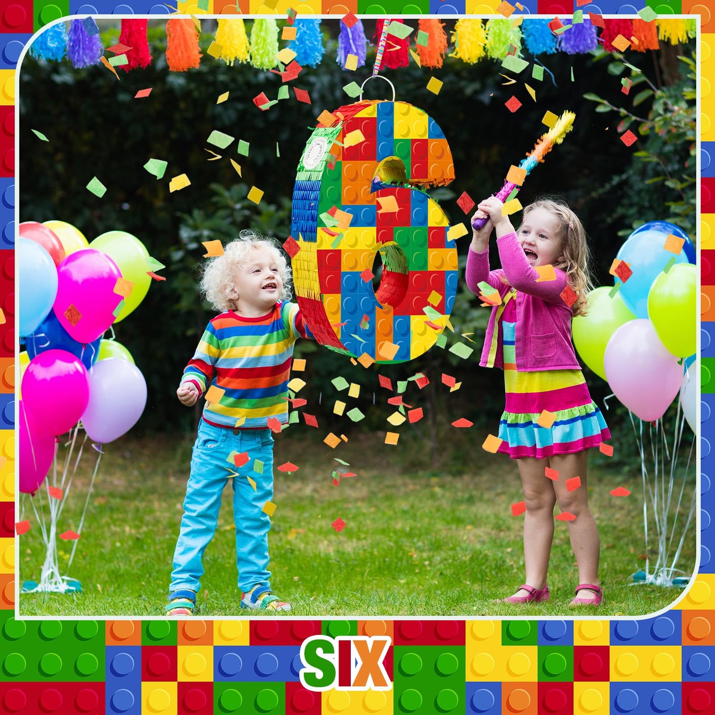 RoundFunny Number 6 Building Blocks Piata 16.5 Inch Party Supplies 6th Birthday Party Decorations Piata with Confetti Blocks The