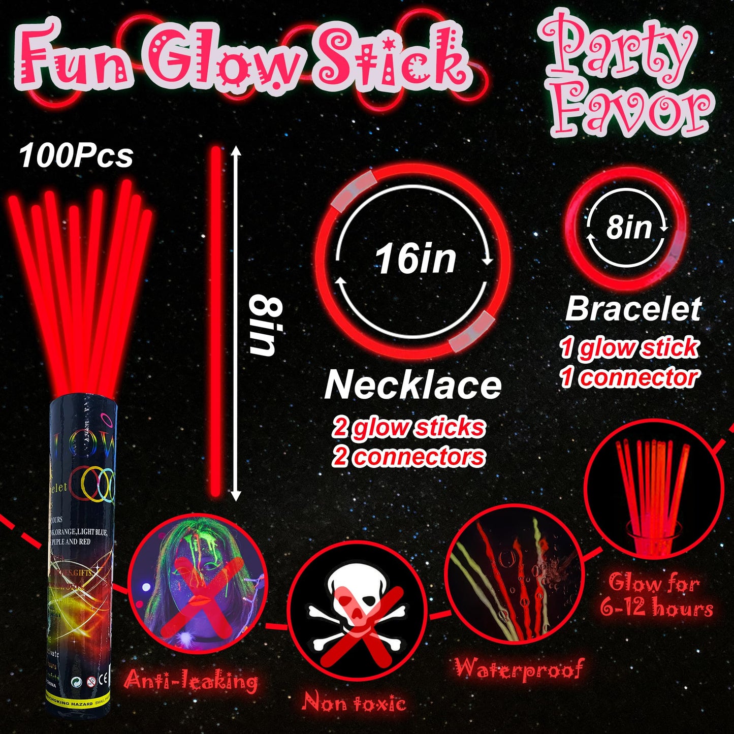 Ilhsty 100 Pcs 8'' Red Glow Sticks Glow Necklaces In The Dark Party Favors Supplies Bright Glowsticks Bulk With Accessories For