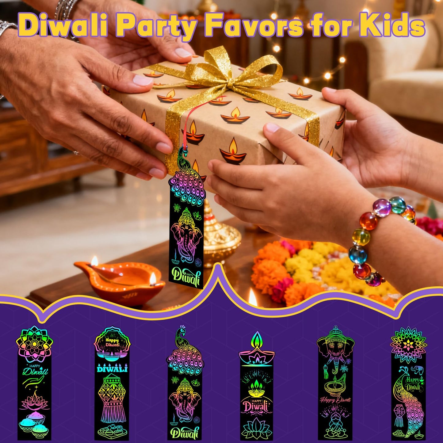 AUGSUN 96Pcs Diwali Crafts, Magic Rainbow Scratch Paper Art Bookmarks for Diwali Gifts Activities DIY Arts and Crafts Kits Happy