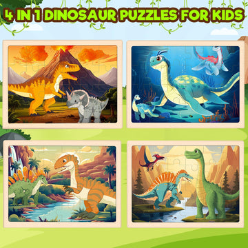 4 Packs Puzzles For Kids Ages 4-6, Wooden Dinosaur Puzzles For Toddlers Ages 2-4, Preschool Educational Dino Puzzles Boards Toys