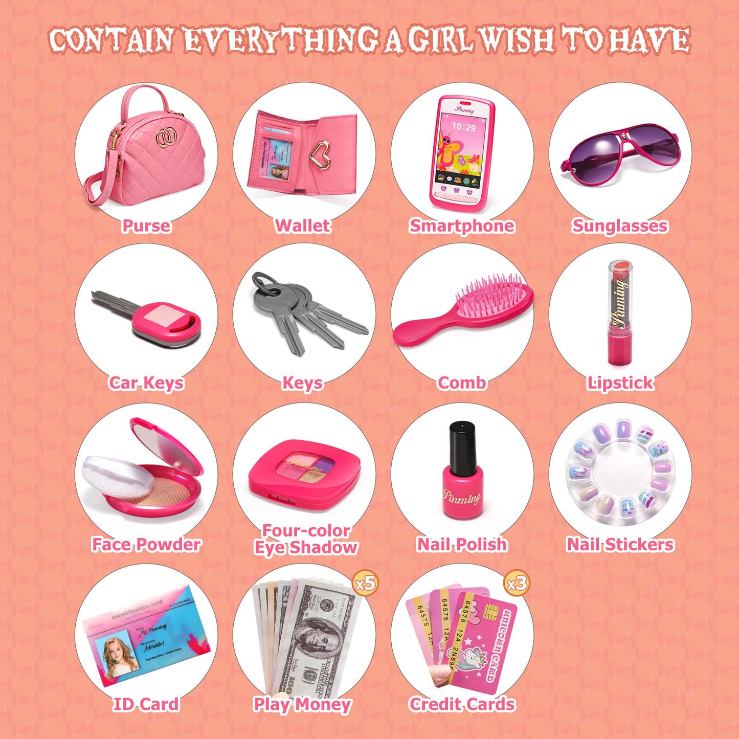 WESAYEE Pink Toddler Purse for Girls, Accessories Included, Pretend Play Handbag for Ages 3-6, Perfect Valentines Gift