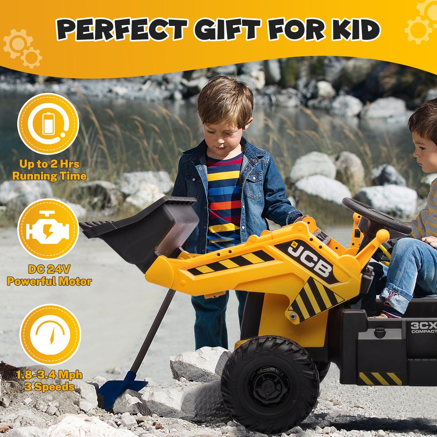 Btmway 24V Jcb Ride On Excavator,Kids' Electric Vehicles With Remote Control,Various Accessories,Sand Digger And Backhoe Shovel