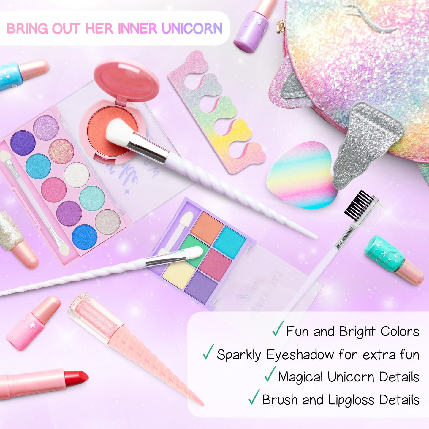 Kids Real Makeup Kit For Girls: No Talc, Washable Make Up Set With Unicorn Purse - Toy Gift For Little Girls & Toddlers Age 3 4