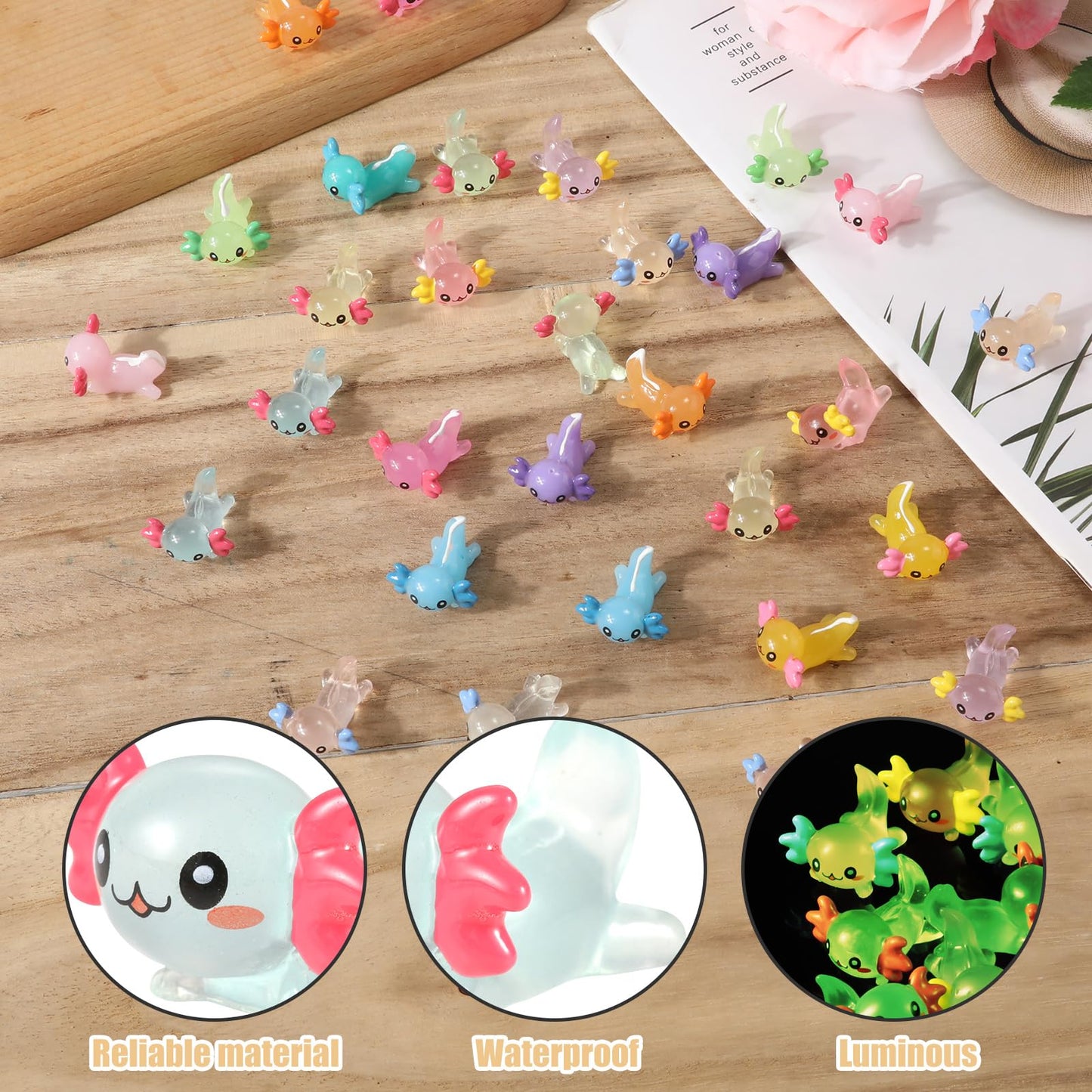 XIHIRCD 32pcs Mini Resin Axolotl Miniature Figurine, Glow in The Dark Tiny Animal Figurines Small Luminous Charm Ornament for DI