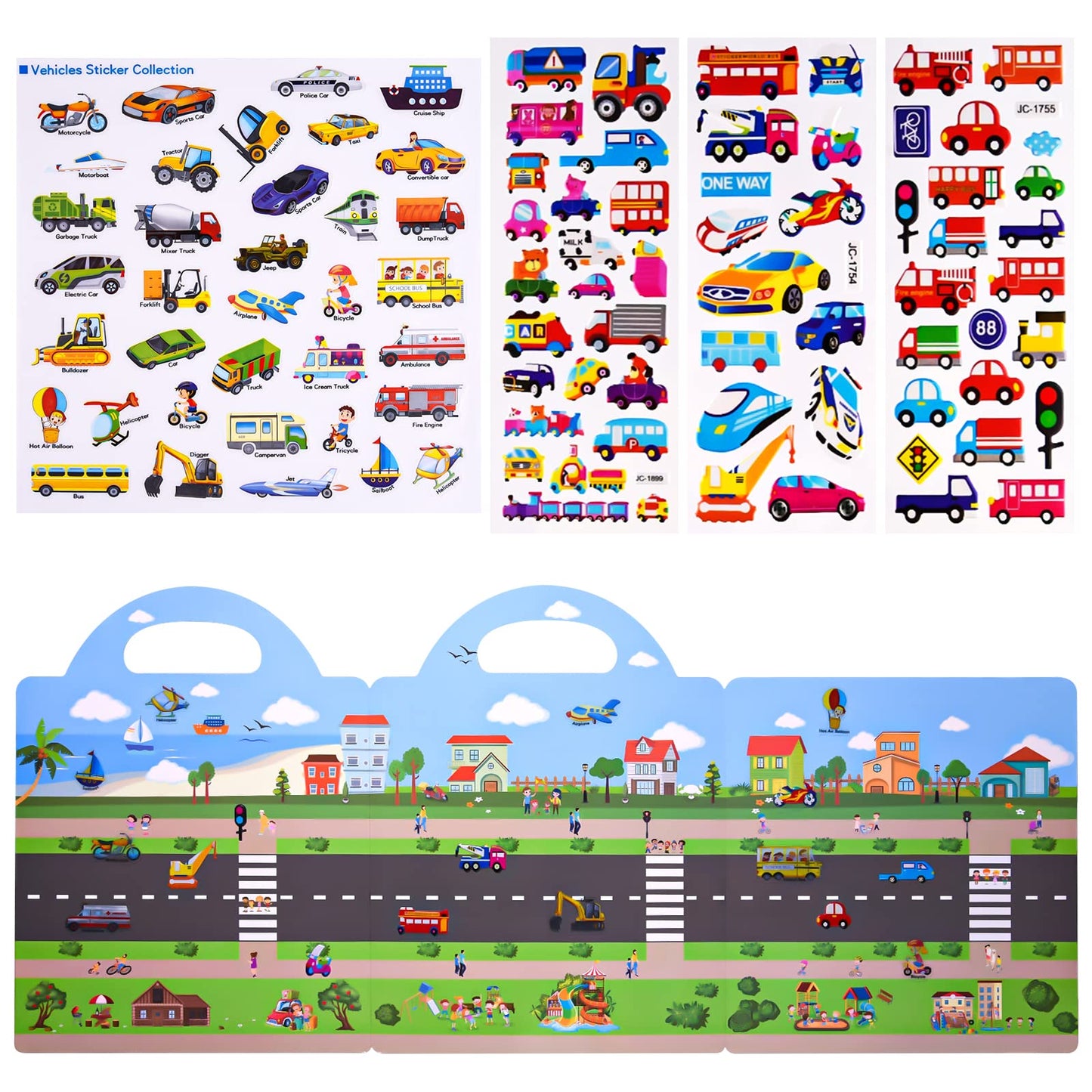 Astaron Reusable 3D Puffy Sticker Book For Kids, 88 Pcs Cute Waterproof Vehicles Stickers,Puffy Sticker Game Travel Stickers And Educational Sensory Learning Toy,4 Fold-Out Scenes Choices,(2-6 Age)