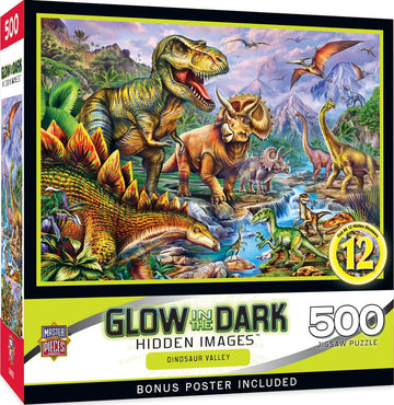 Masterpieces 500 Piece Glow In The Dark Jigsaw Puzzle For Adults, Family, Or Kids - Dinosaur Valley - 15''X21''