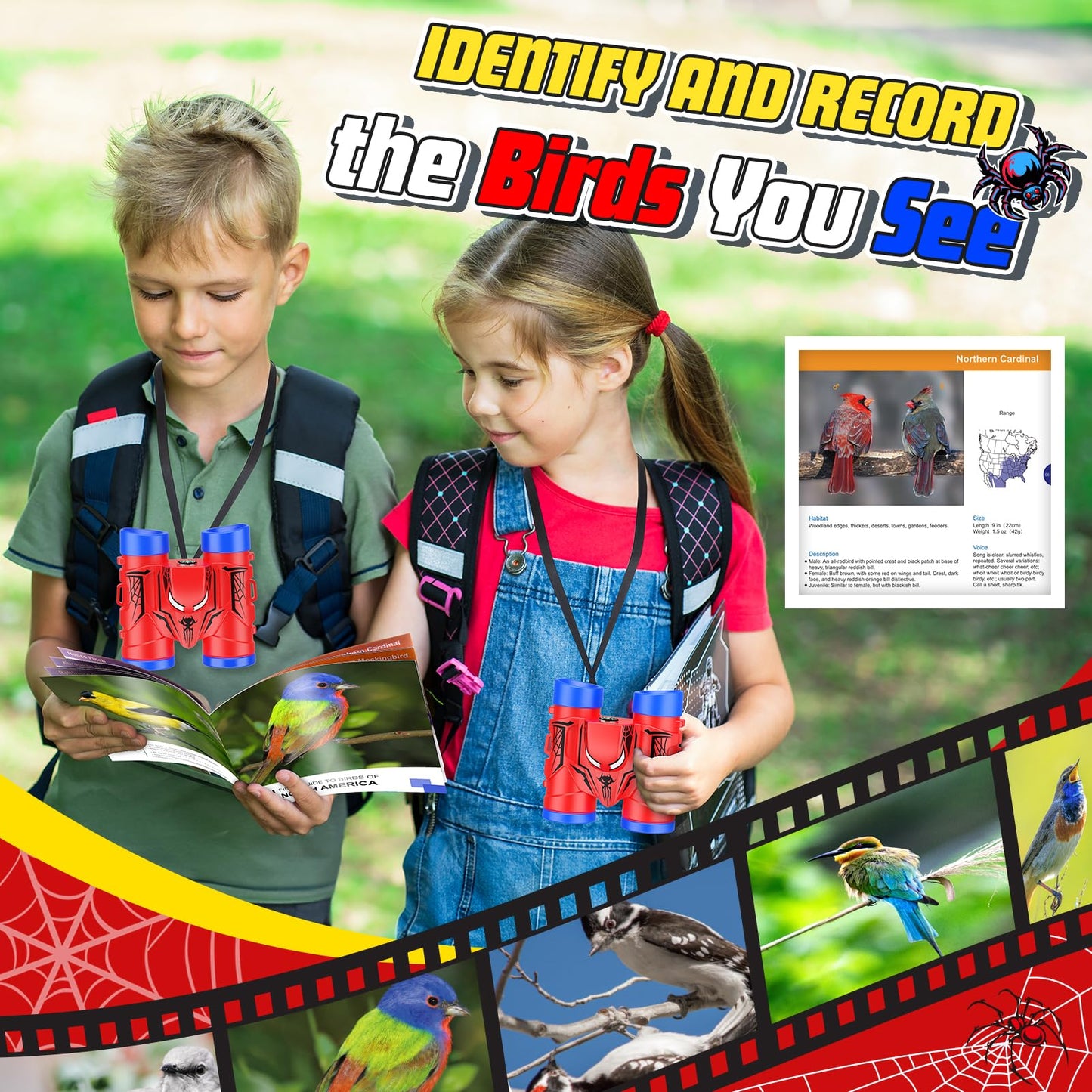 JovialToyz Kids Binoculars with Compass & Bird Watching Manual, Red, Ideal for Ages 3-8, Perfect Outdoor Gift for Boys & Girls