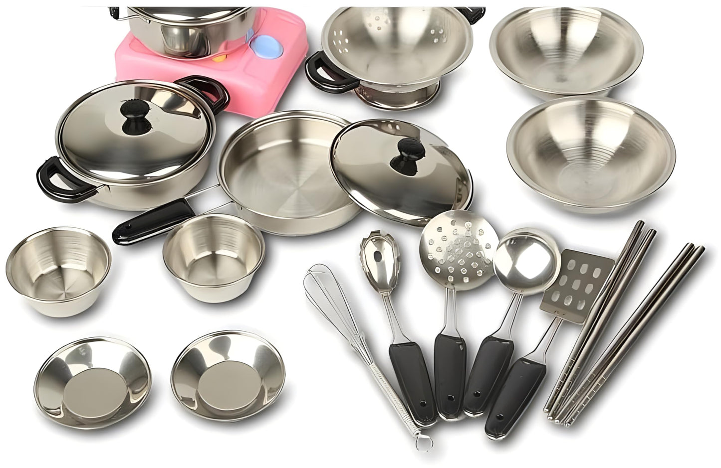 Miniature Toy 17-Piece Stainless Steel Pots And Pans Set , Magikon Pretend Play Kitchen Cooking Utensils Toy