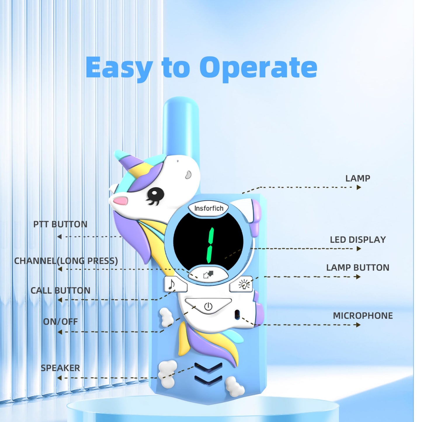 Insforfich Unicorn Walkie Talkies for Kids - 2 Way Radio Toy, 3 Channels, 2 Miles Range, Blue, Perfect Gift for Ages 3-9, Outdoor Fun