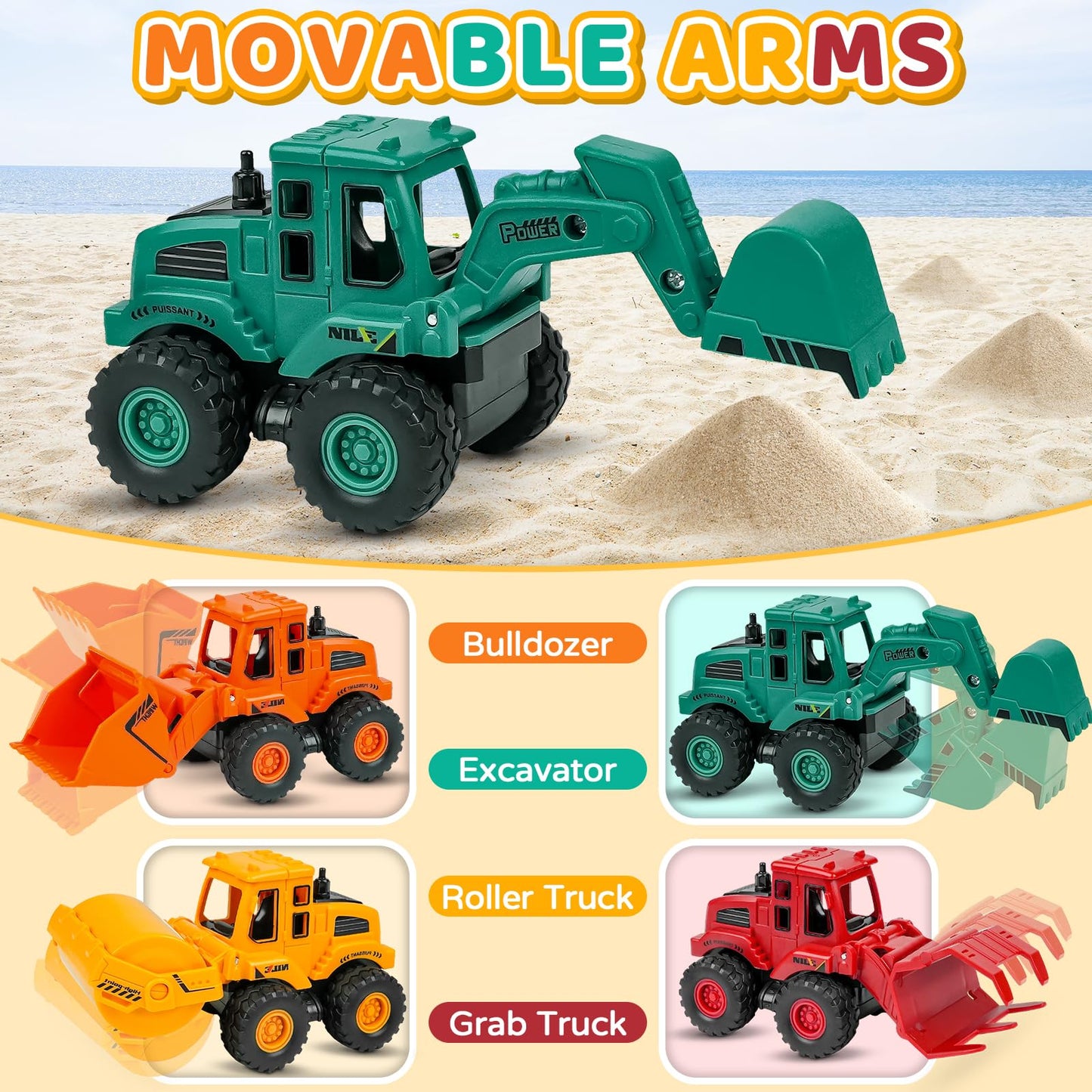 Beestech Construction Toys for 3 Years Old Boys Girls Kids, Friction Powered Construction Truck Toys Vehicles Sand Toys Trucks E