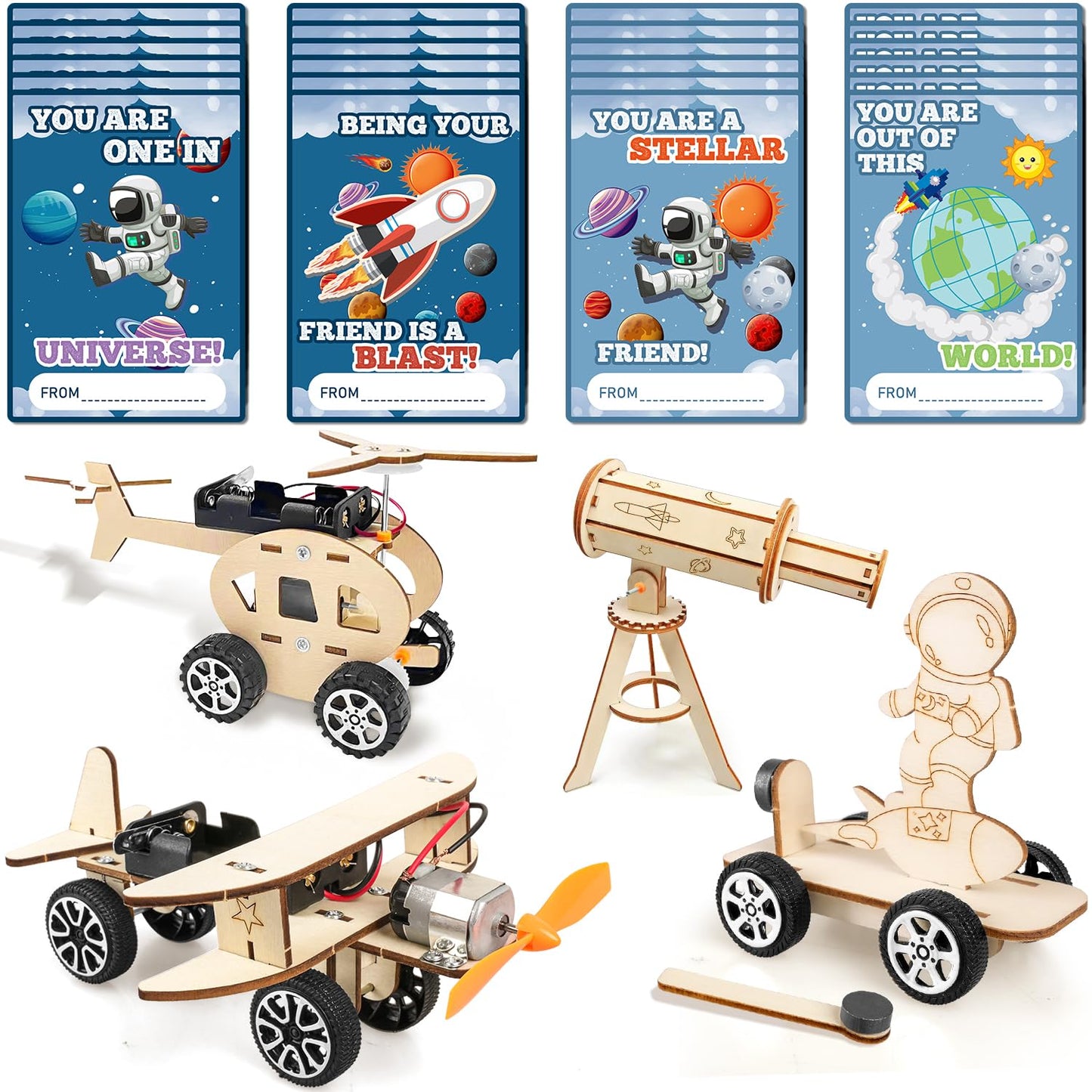 Movinpe Valentines Day Gifts For Kids Classroom School - 24 Sets Stem Kits With Valentines Cards, Wood Craft Science Kit Valenti