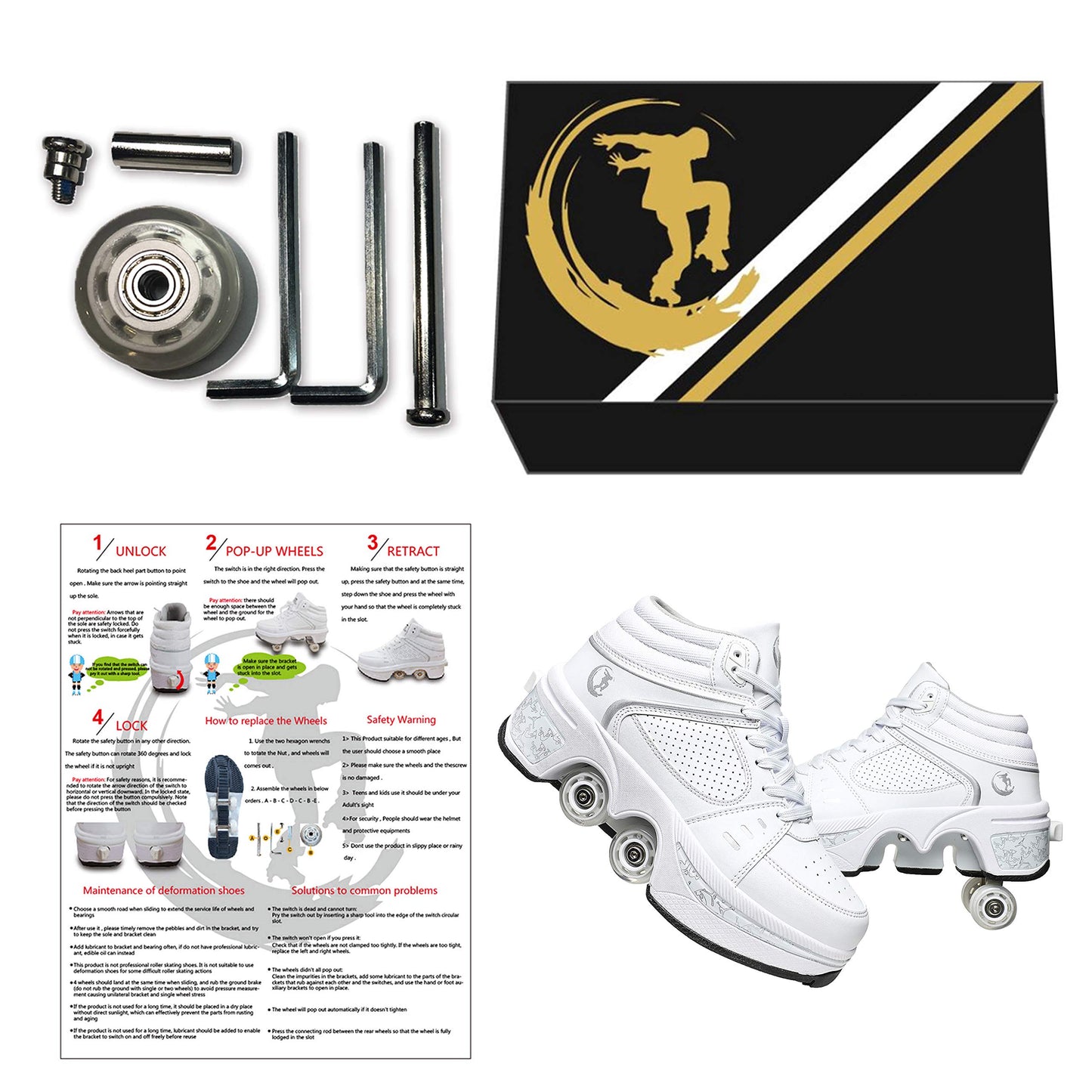 Double-Row Deform Wheel Automatic Walking Shoes Invisible Deformation Roller Skate 2 in 1 Removable Pulley Skates Skating Parkour (White high US 10.5)