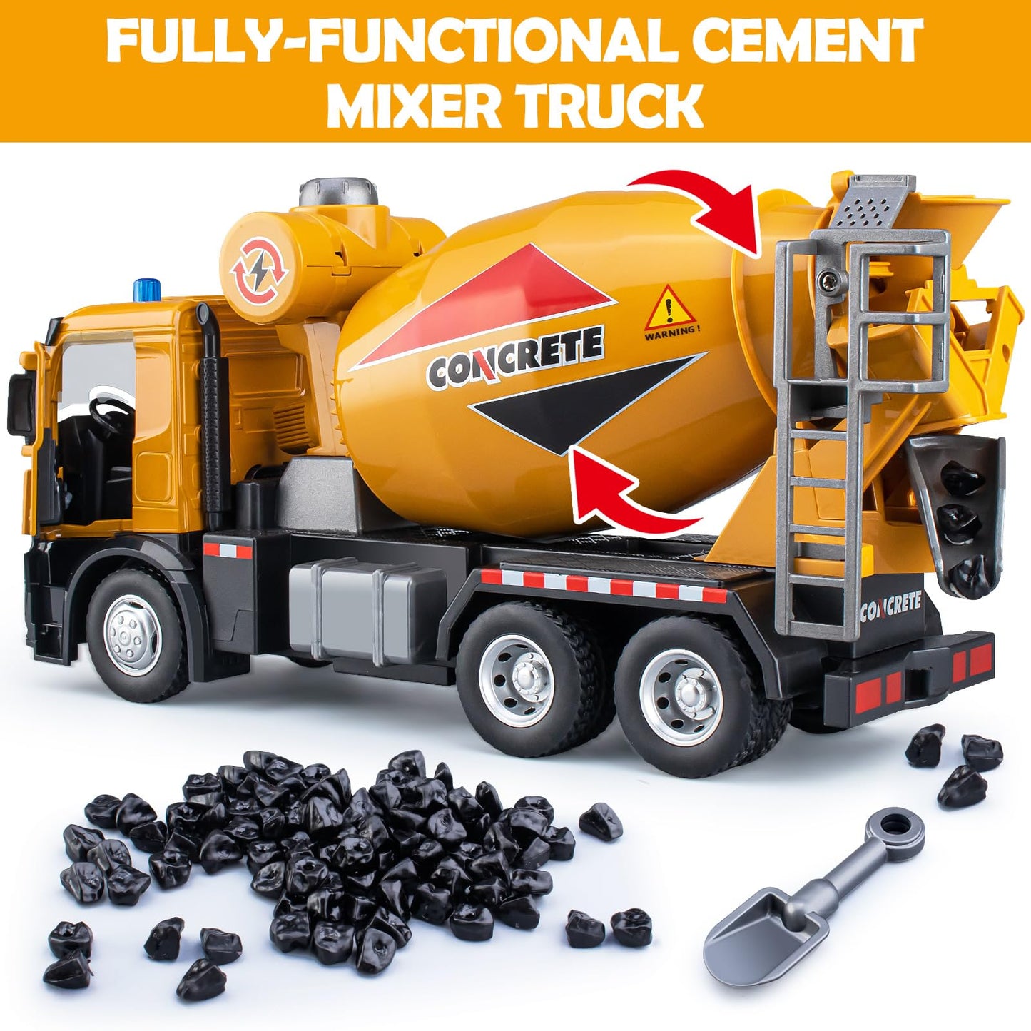 HAPYAD Cement Mixer Toy Truck Metal Cab, Big Construction Truck with Lights Sounds and Working Movable Parts, Friction Powered C