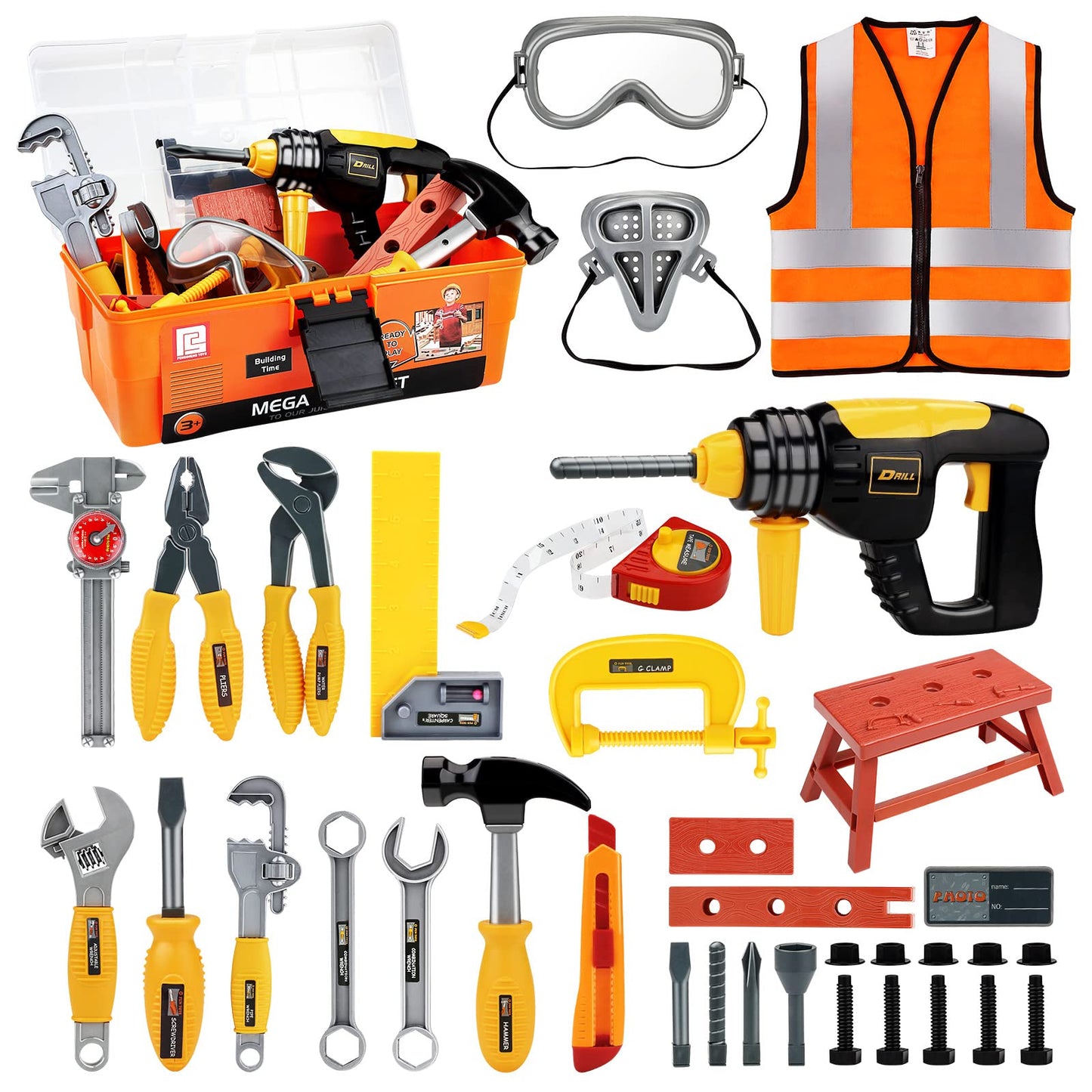 Deejoy Tool Set with Tool Box & Electronic Toy Drill, Pretend Play Kids Construction Kits for Kids Ages 3-5 Years Old, Toddler B