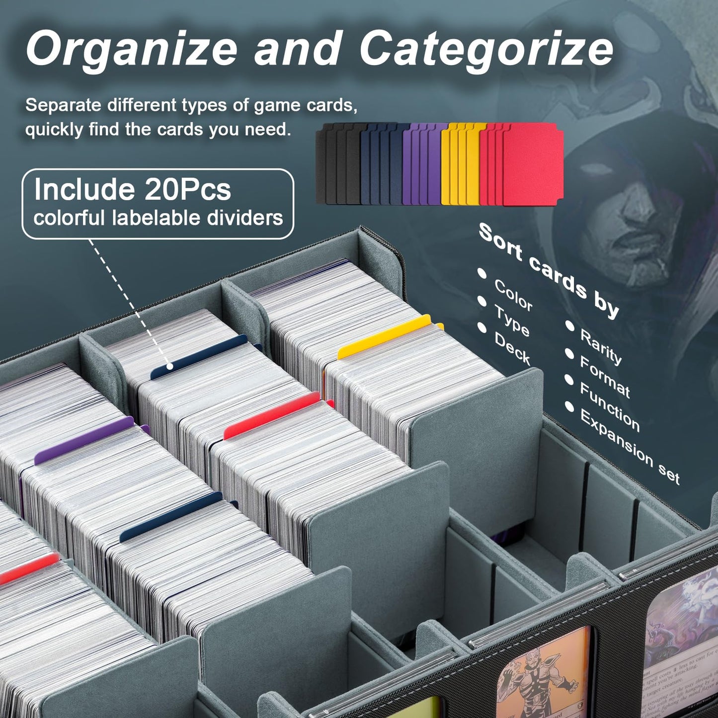 TiMOVO MTG Deck Box Magnetic Trading Card Storage Case Holds 3000+ Sleeveless Cards with 20 Colorful Dividers & 4Pcs Card Supporters 4 Rows Commander Card Deck Box for Magic Game Cards Black + Grey