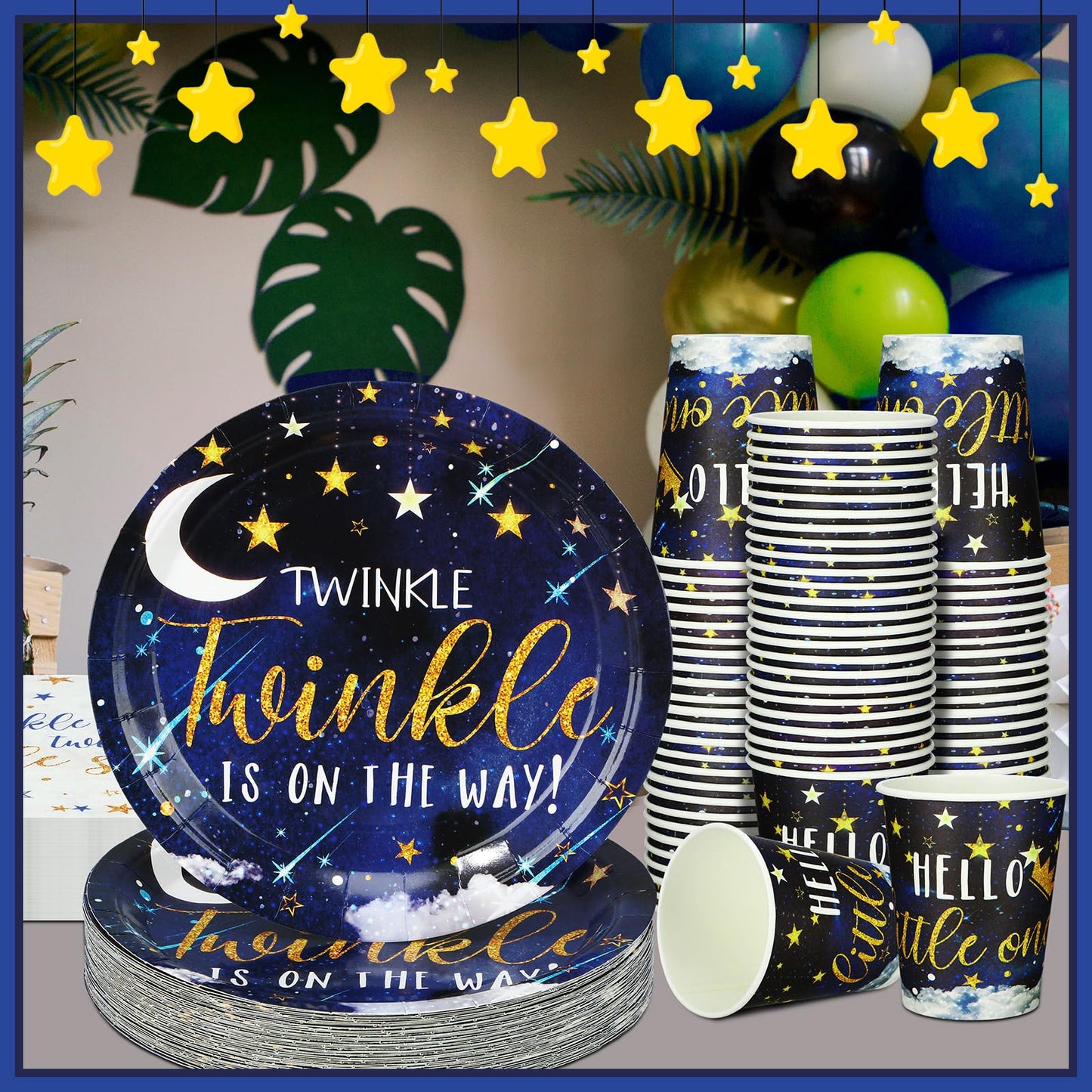 200 Pcs Twinkle Twinkle Little Star Baby Shower Paper Plates Napkins Cups Baby Shower Party Supplies Tableware Set Navy Blue Dis
