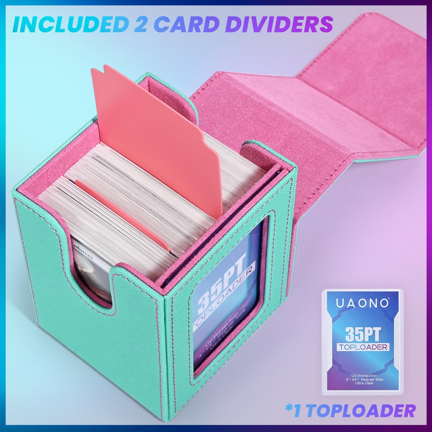 Uaono Card Deck Box With Mtg Commander Display, Deck Case Holds 100+ Double-Sleeved Cards, Trading Card Storage Box Fits Tcg/Ptcg/Sports Card With 2 Dividers, 1 Toploader (Turquoise, Pink)